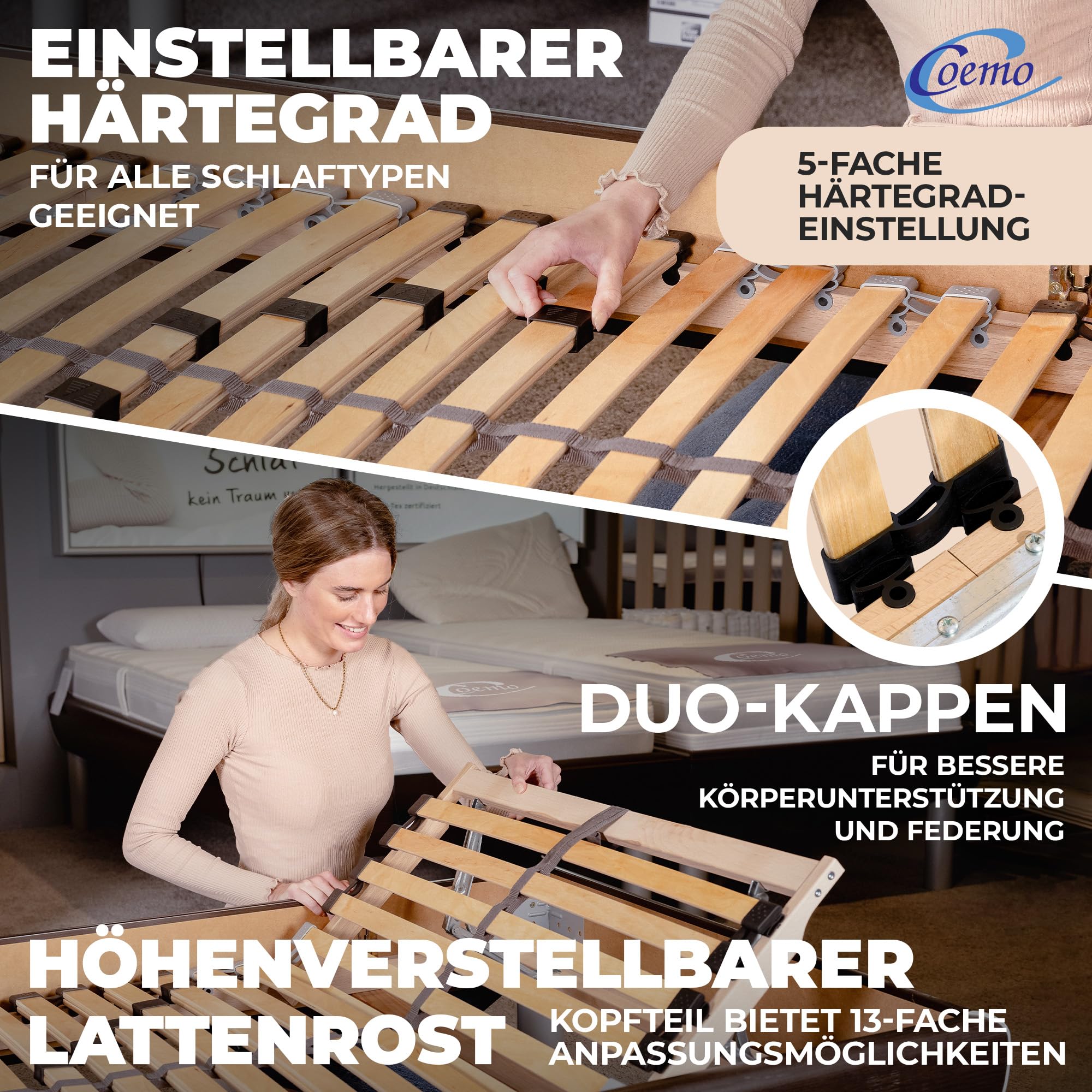 Coemo 7-Zonen Lattenrost Ergo K 90x200 Lattenrahmen mit verstellbarem Kopfteil Buche Rahmen - 28 stabile Federleisten - Bettrahmen passend für Kinderbett Ehebetten 180x200cm - für alle Matratzen