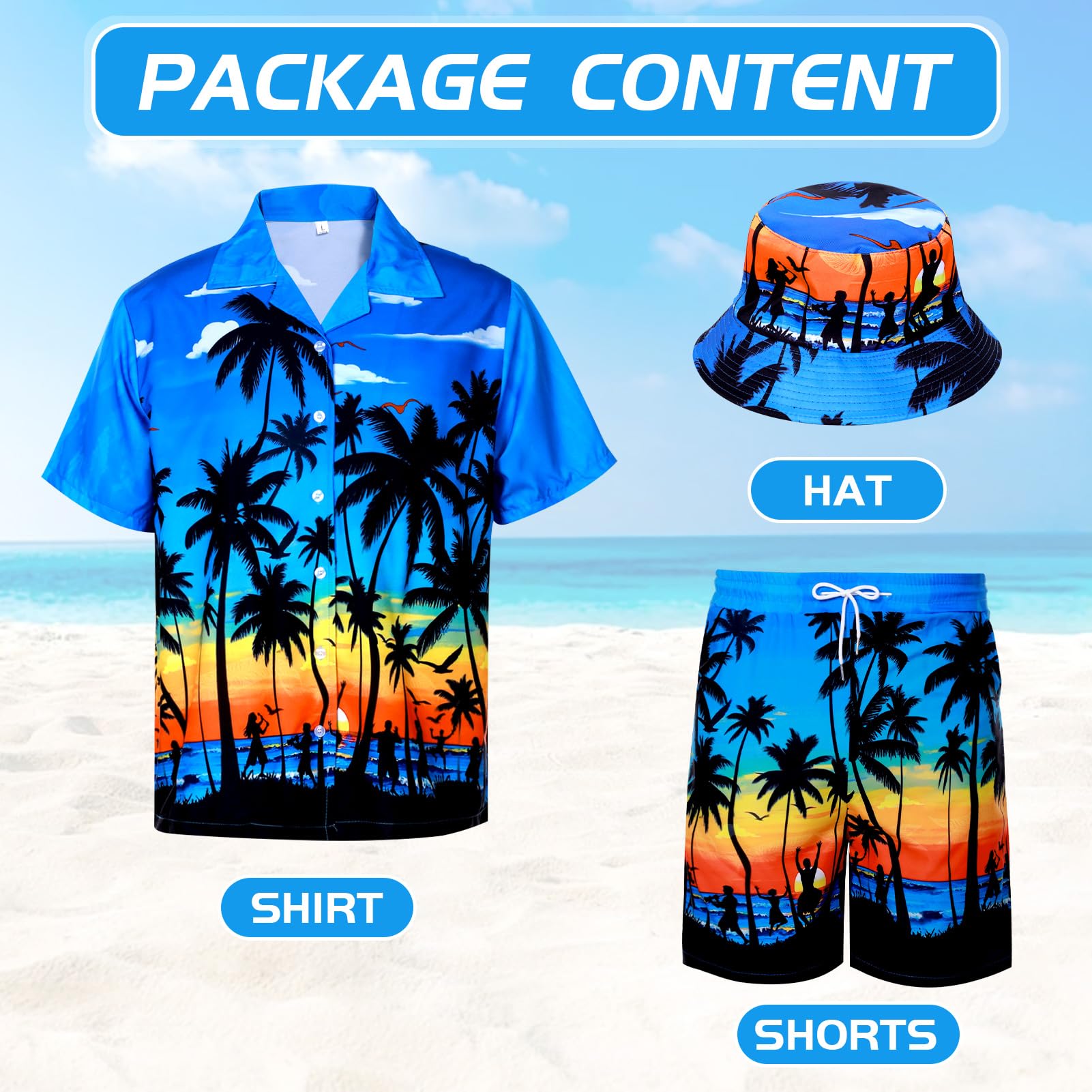 Camicia Hawaiana Set, Camicie Hawaiane Uomo con Pantaloncini Cappello Camicia Uomo Maniche Corte Camicie Estive per Feste Estive Spiaggia
