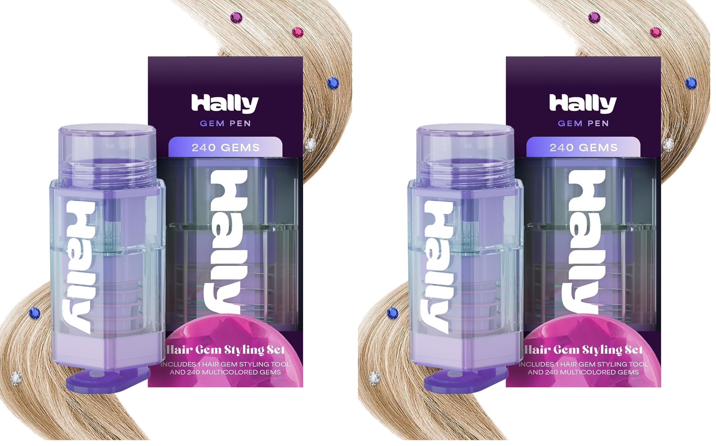 Hally Hair Gem Pen, 240 Stick-On Hair Gems with Stamper Tool, Easy to Apply and Remove, Hair Accessories Kit for Girls and Kids (Pack of 2)