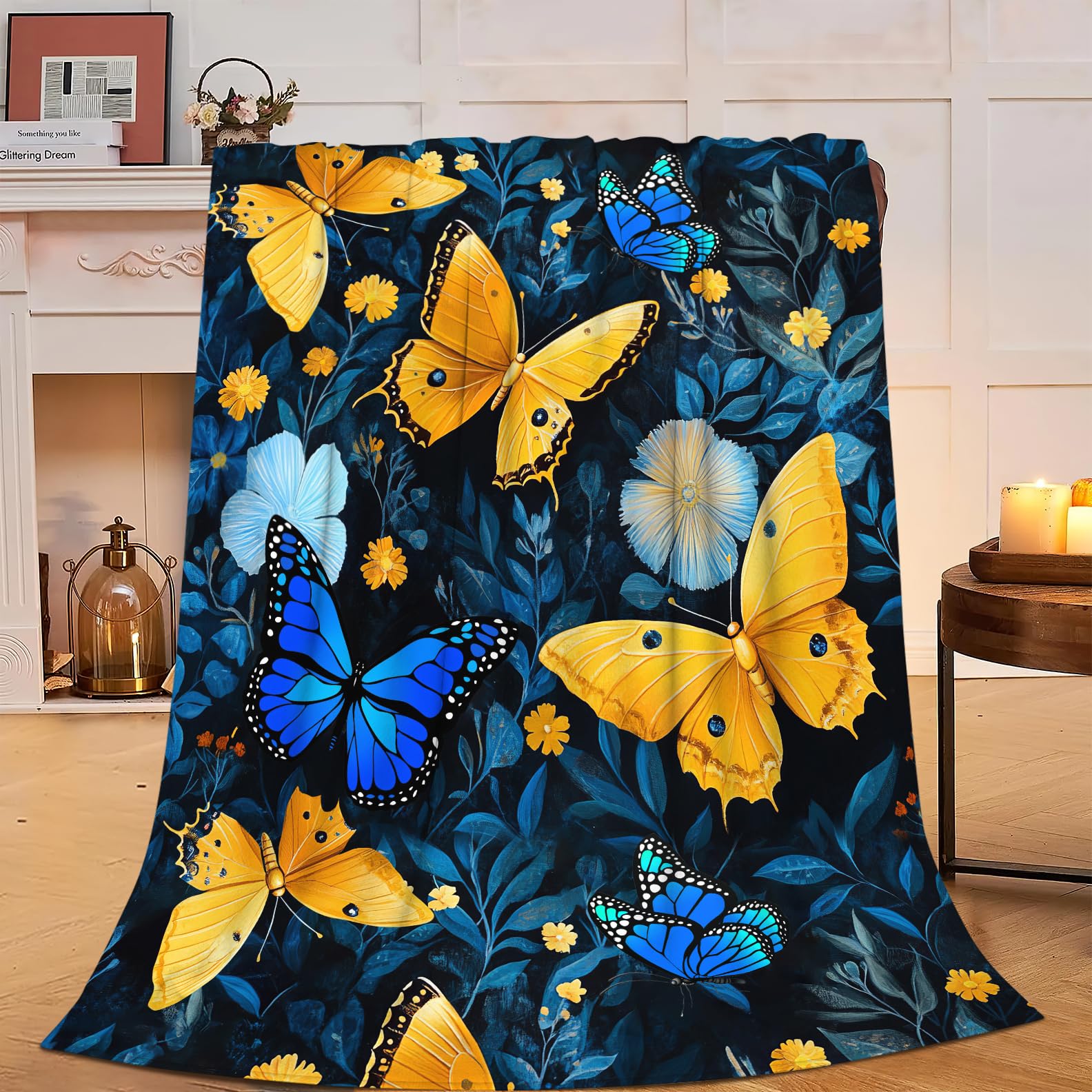 Butterfly Blanket Soft Yellow Butterfly Flannel Fleece Blanket for Butterfly Lover Cozy Plush Throw Blanket Bedding Stuff Decor Butterfly Gifts for