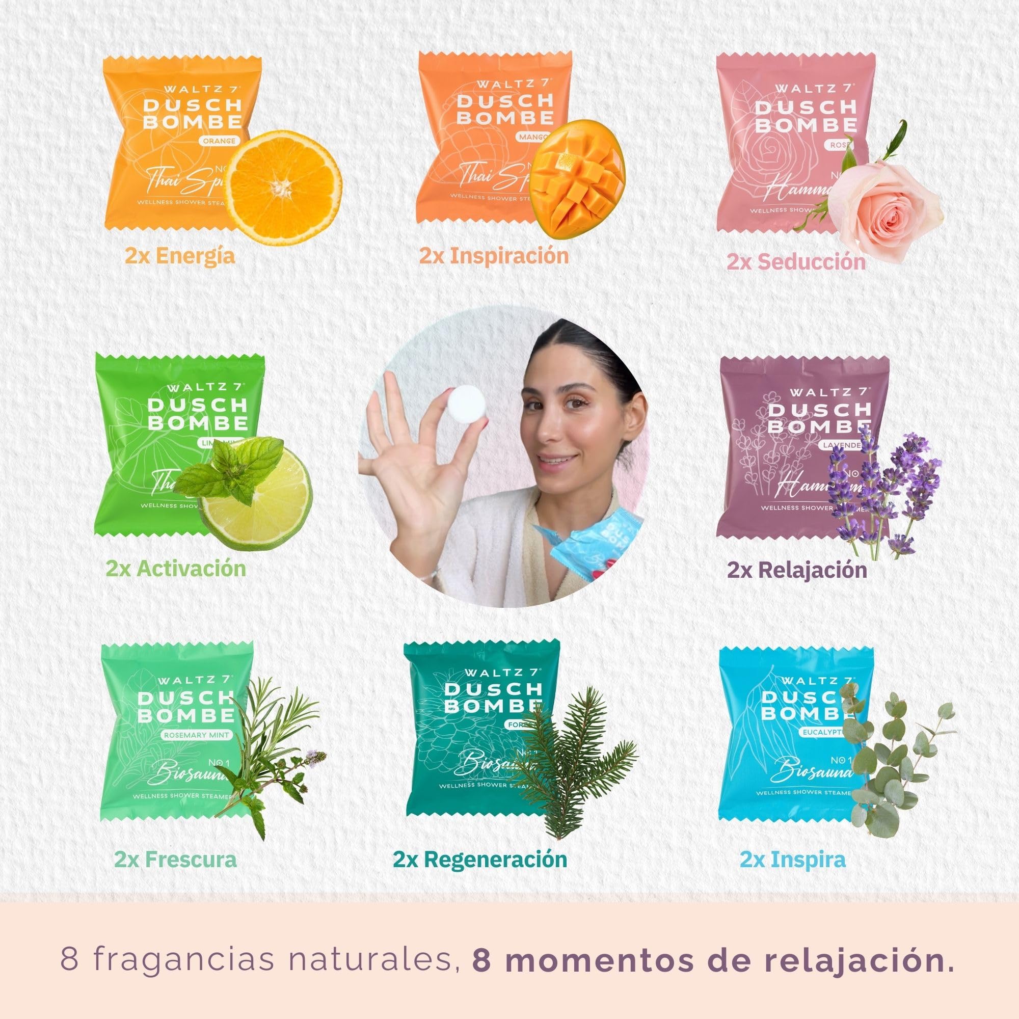 WALTZ 7 Set Bombas de Ducha, 16 Piezas, 8 Aromas Naturales de Aromaterapia, Relajación, Energía, Bienestar, Vigor y Calma, Regalos Originales para Mujer, Hombre, Mama, Parejas, Caja Regalo