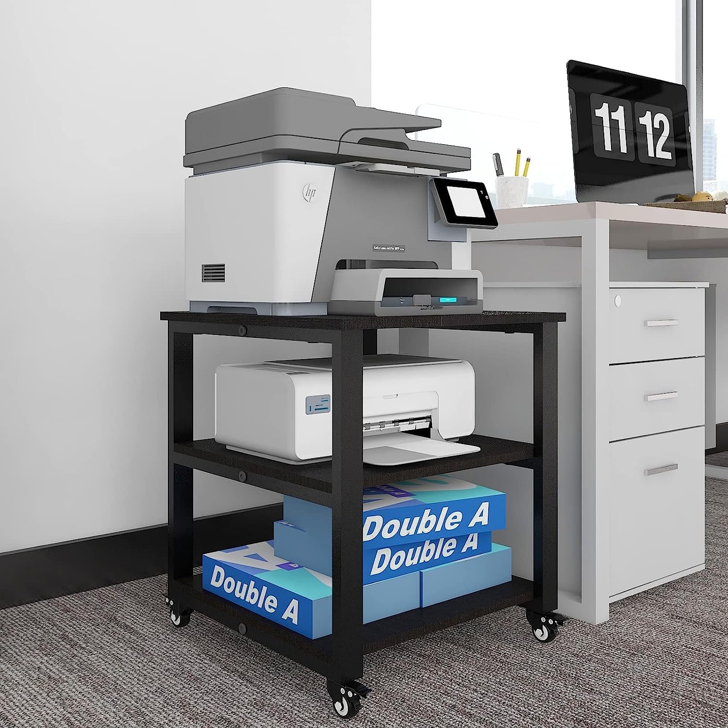 PUNCIA 50 x 50 x 51 cm Soporte para Impresora Estante de 3 Niveles con Ruedas Universales Mueble Móvil Oficina para Impresora de Madera y Metal Carro de Almacenaje para Despacho Escuela Estudio Negro