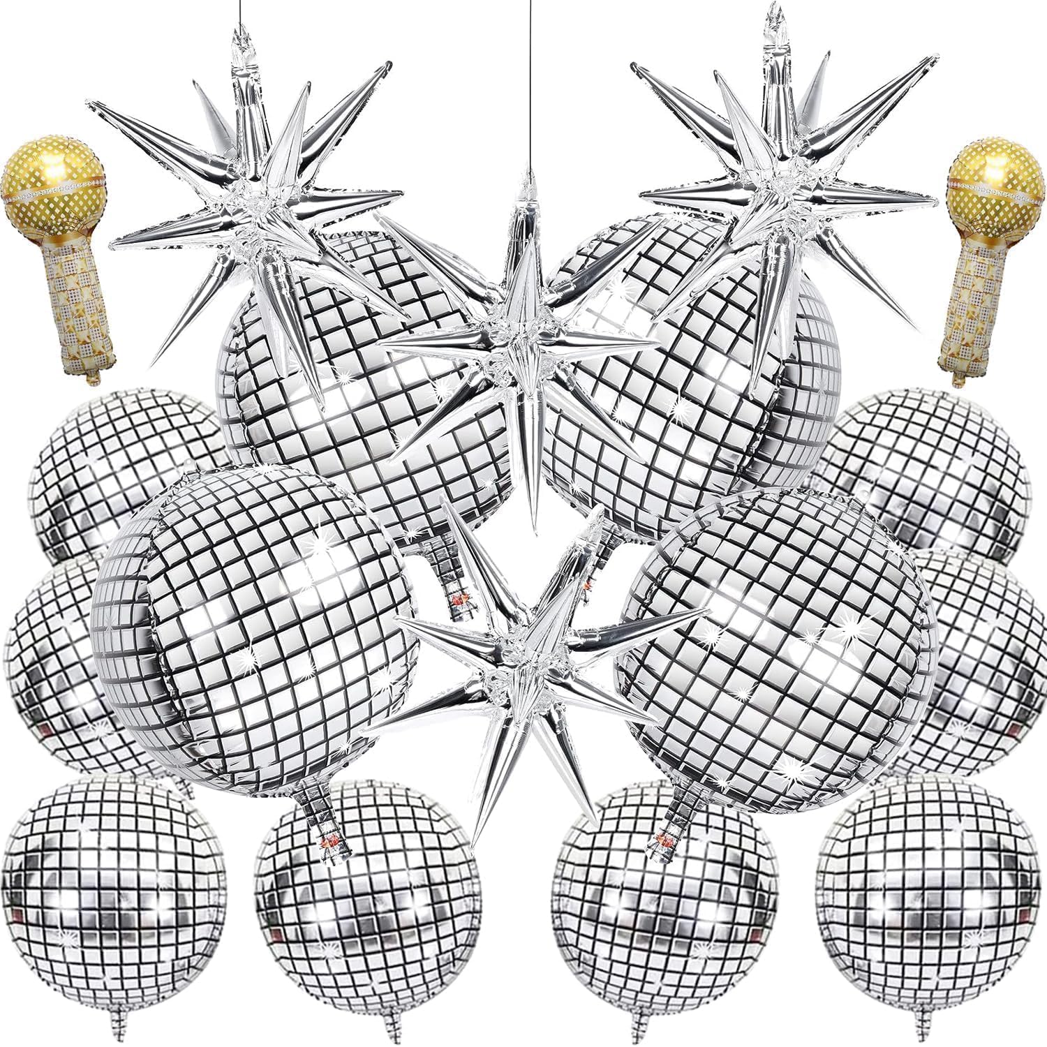 18 Pcs Disco Ball Balloons 4D Large Foil Balloons with 2 Gold Microphone Balloons Explosion Star Aluminum Foil Balloons 22 Inches 15 Inches 10 Inches Silver Disco Balloons for Disco Party Supplies