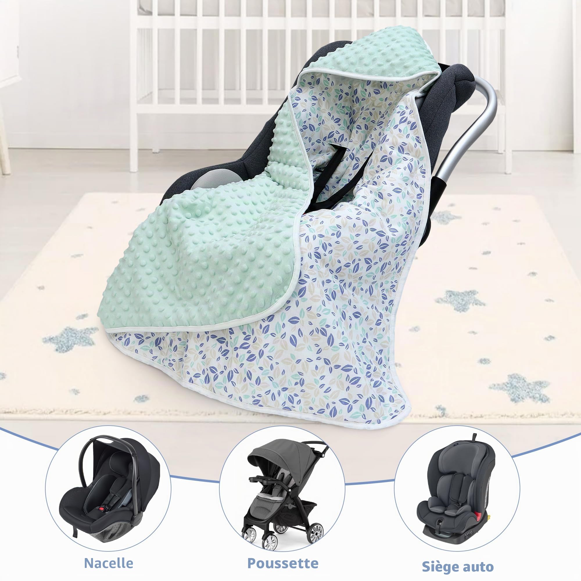 Miracle Baby Couverture Enveloppante Bébé 90 x 90 cm, Multifonction Couverture d'emmaillotage pour Siège Auto Poussette Nid d'ange Bebe Cosy Landaus, Matelassé (Feuilles)