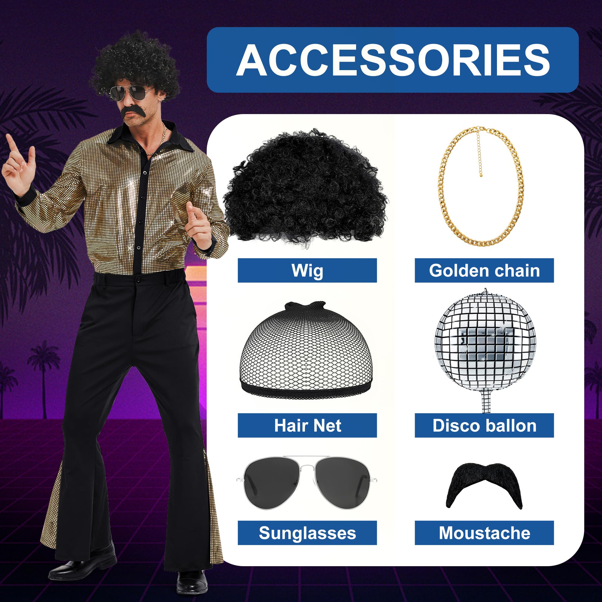 Déguisement Disco Homme,Deguisement Année 70 Homme,Chemise Tenue Disco Homme Costume de Carnaval