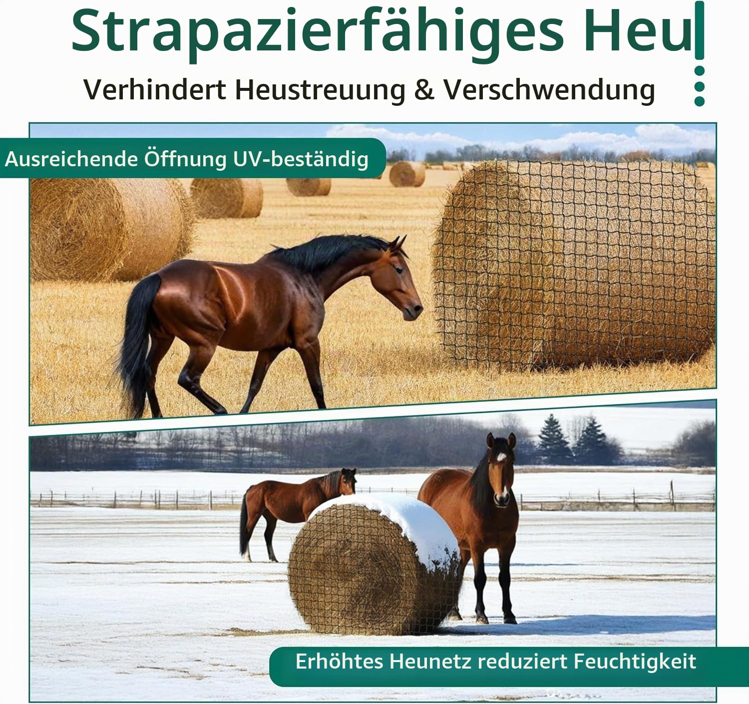 Heunetz für Pferde Groß, Rundballen Heunetz 5'x5' (ca.152x152cm) aus Polyethylen - Großraumheunetz für Pferde, Rinder, Schafe, Lamas, Alpakas