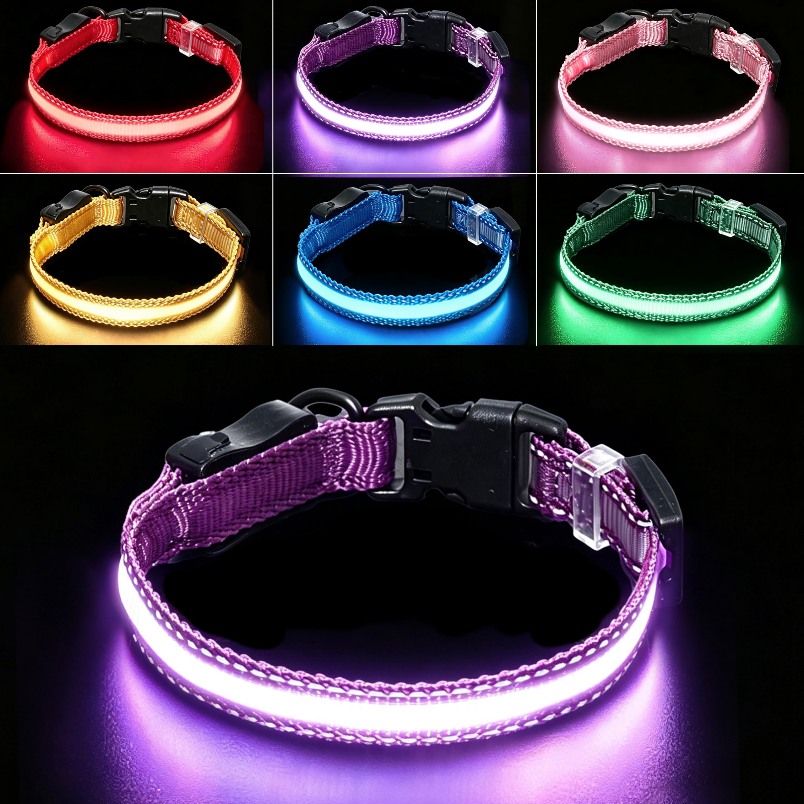 Photo 1 of Aiminto USB Rechargeable LED Dog Collar, Waterproof, Adjustable, Glowing, for Medium Dogs, Night Walking, Camping, Jogging, Purple, M (Neck 15-24", Width 1")
