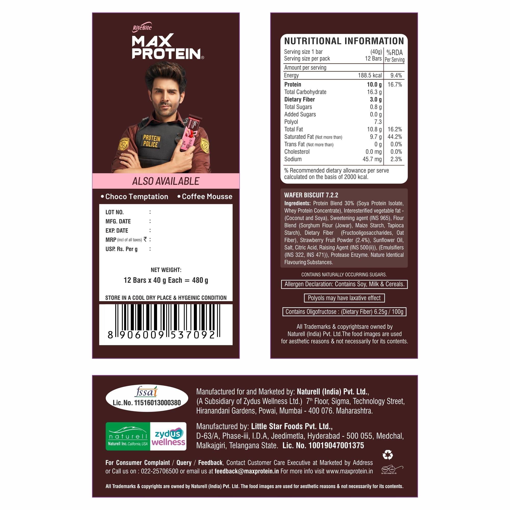 RiteBite Max Protein Strawberry Truffle 10g Protein Millet Wafer Bars (Pack of 12), No Maida, No Palm Oil, Zero Added Sugar, Crunchy Wafer Snack, 480g — Amazon image 2
