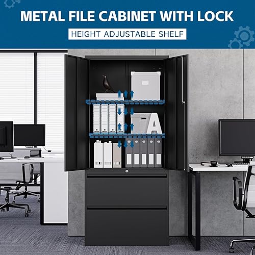 Miniatura 7 de Archivador de metal de 2 cajones, archivadores verticales laterales para oficina en casa, archivador de bloqueo con estantes de almacenamiento