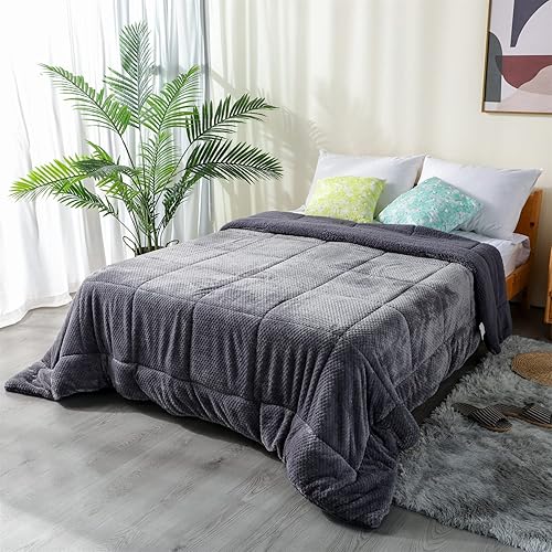 DOMDEC Lujoso edredón de franela con respaldo de sherpa de felpa, tamaño Queen, manta de piel sintética texturizada, lavable a máquina, calidez de