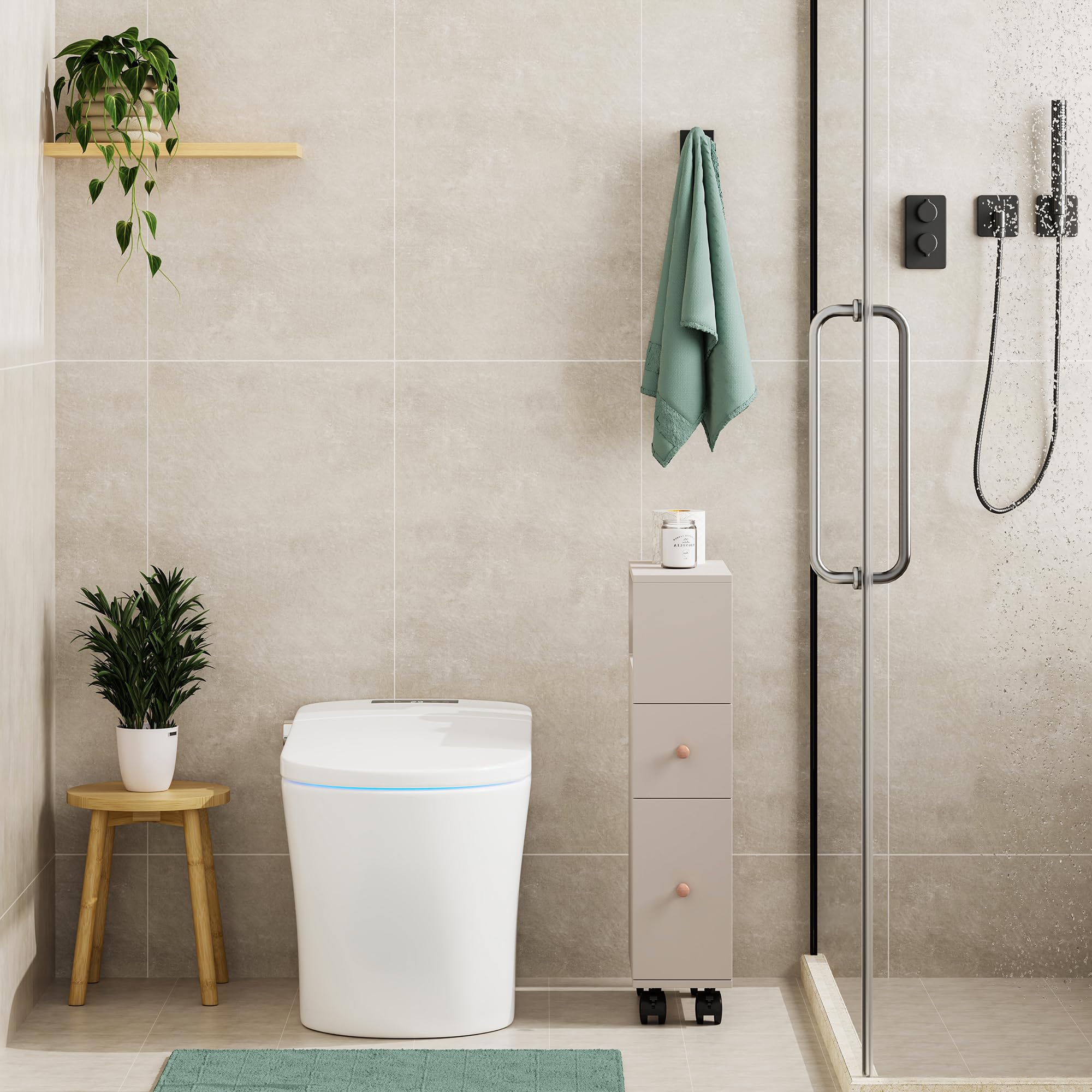 [en.casa] Armario Rodante Delgado Broreynna con Cajones y 1 Compartimento Abierto Carrito Auxiliar con Ruedas Mueble Baño de 3 Niveles Carro de Almacenamiento Cocina 66 x 15 x 33 cm - Color Arena