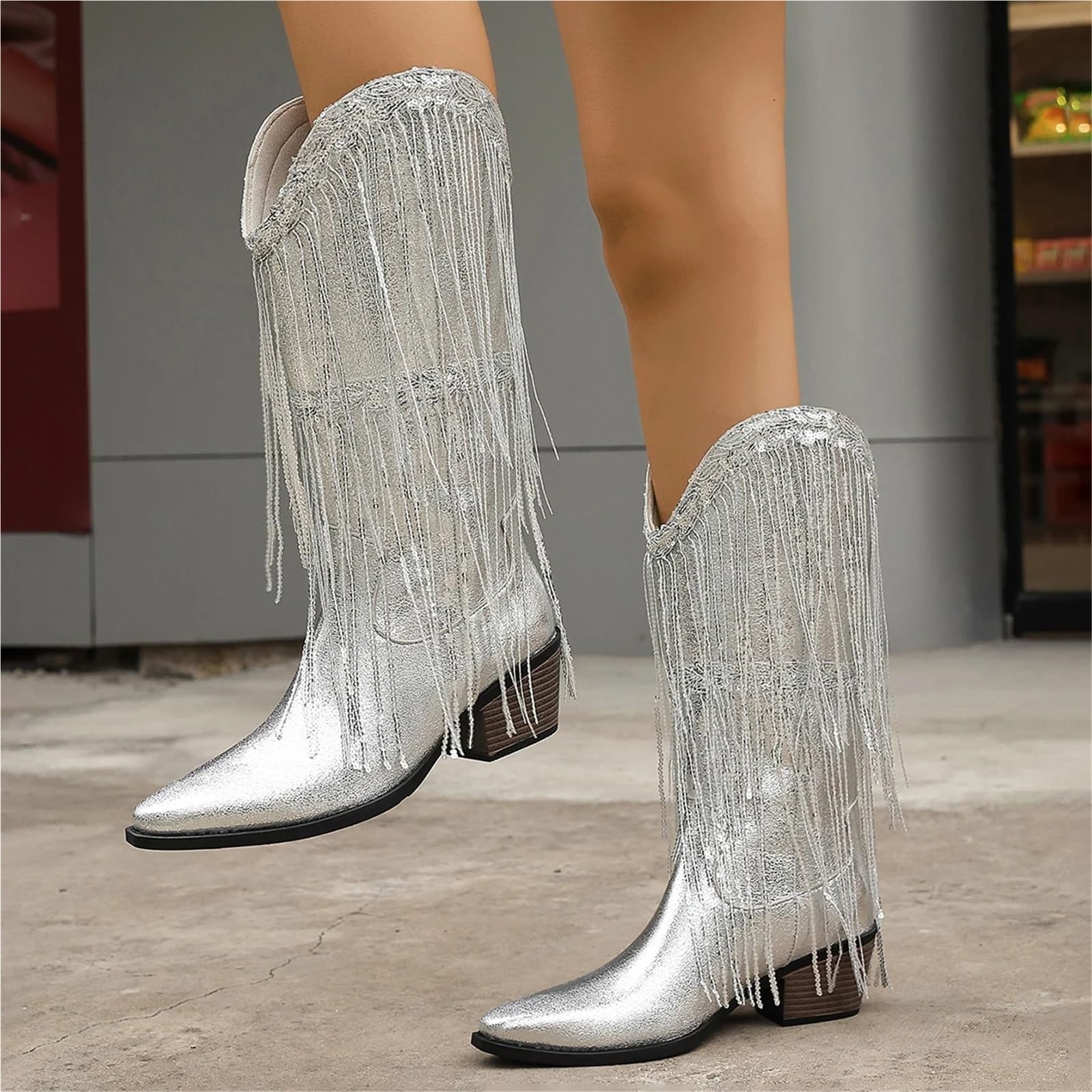 Stivali Texani Donna Stivali da cowboy argento scintillanti con nappe lunghe, punta western, stile motociclista tacco basso grosso