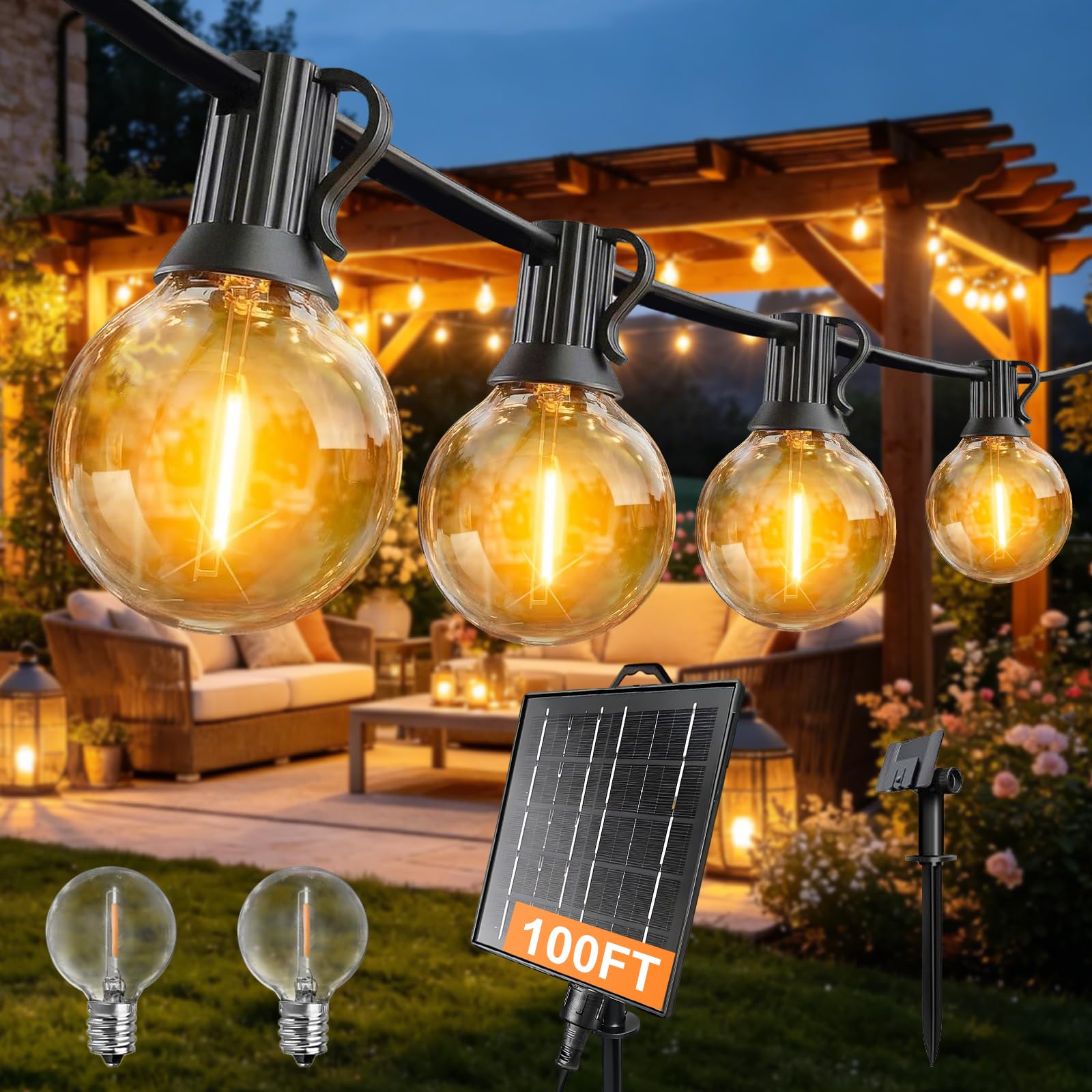 IKERY 30M/100FT Solar Outdoor Festoon Lights, 50+2 LED Garden String Lights