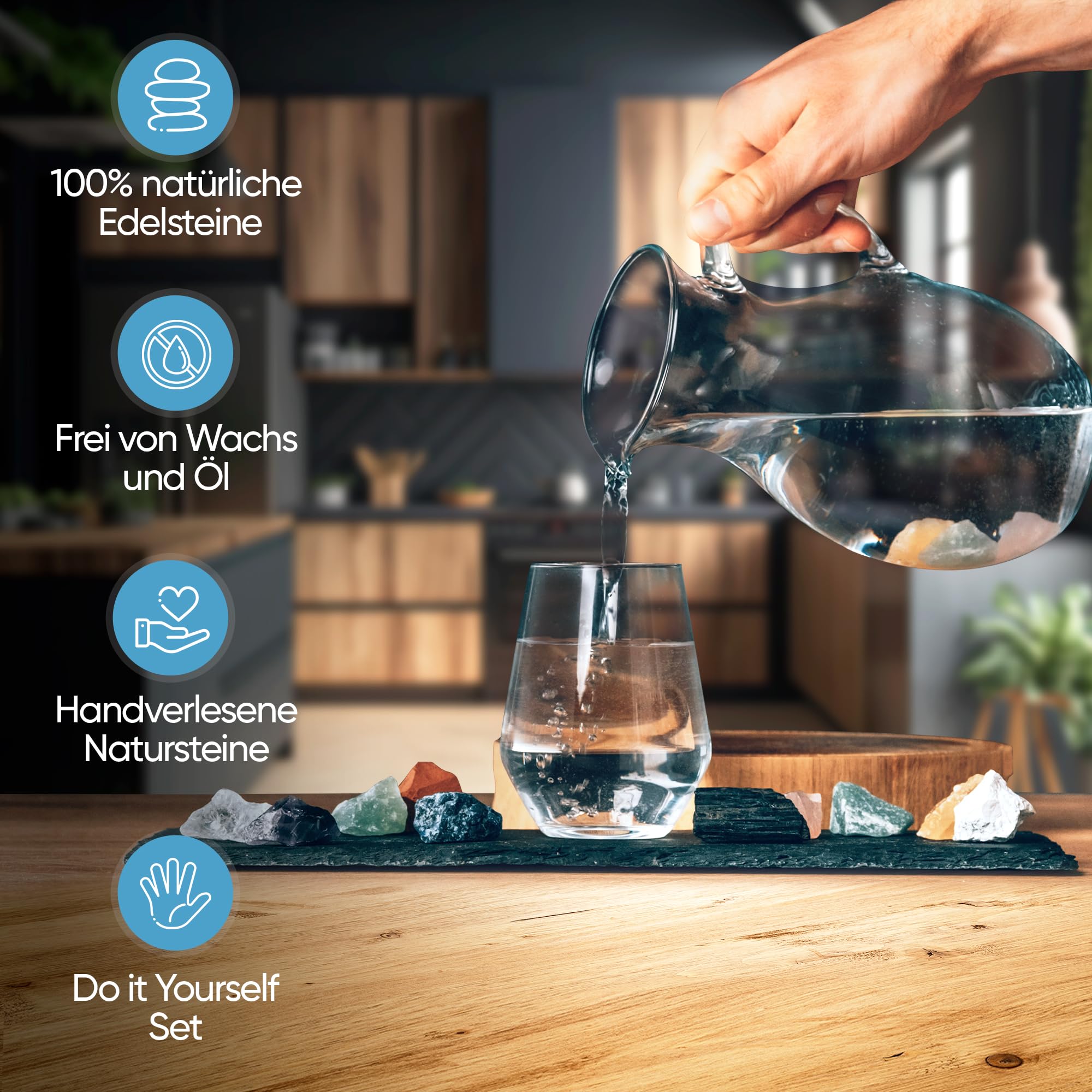 PURAJA All in One Edelstein Set | Alle Wasserstein Mischungen selbst zusammenstellen | Je ein Stück von den 10 beliebtesten Wasser- & Heilsteinen | 100% Natursteine
