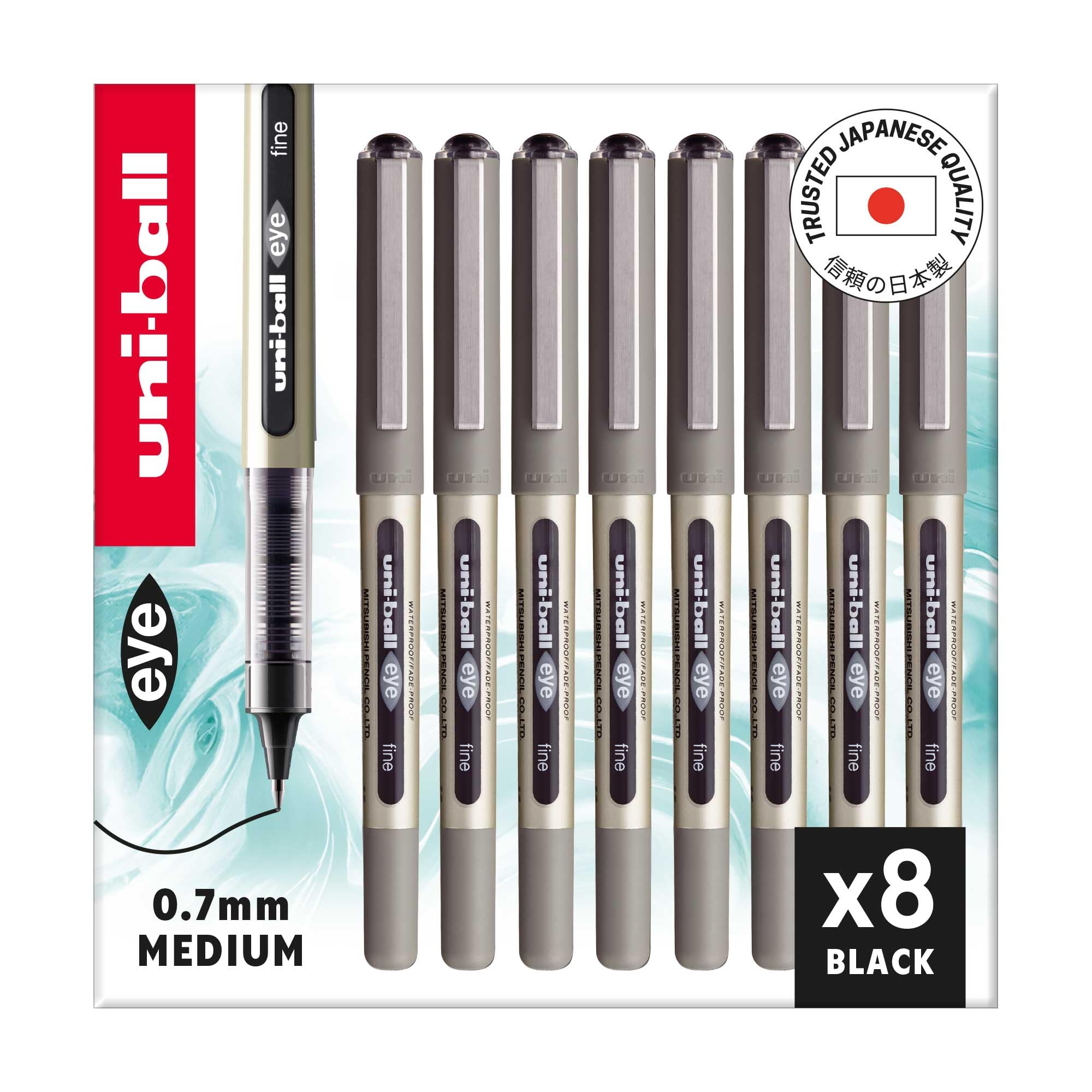uni ball Eye Fine Nib Rollerball Pens 0.7 mm Black (8 Pack) Smooth Consistent