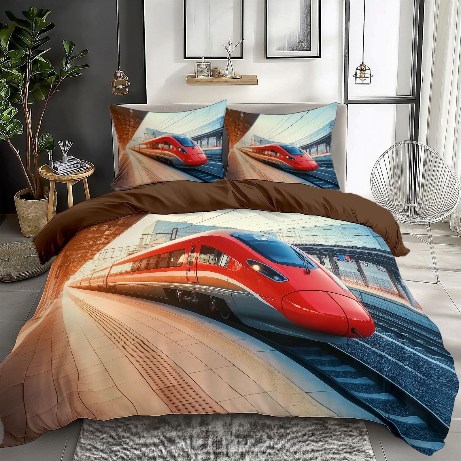 Pościel 3D, 200 x 200 cm, nowoczesny zestaw pościeli z pociągiem o dużej prędkości, ciemnobrązowy, miękki, nie wymaga prasowania, oddychający, z zamkiem błyskawicznym, w zestawie 1 poszwa na kołdrę i