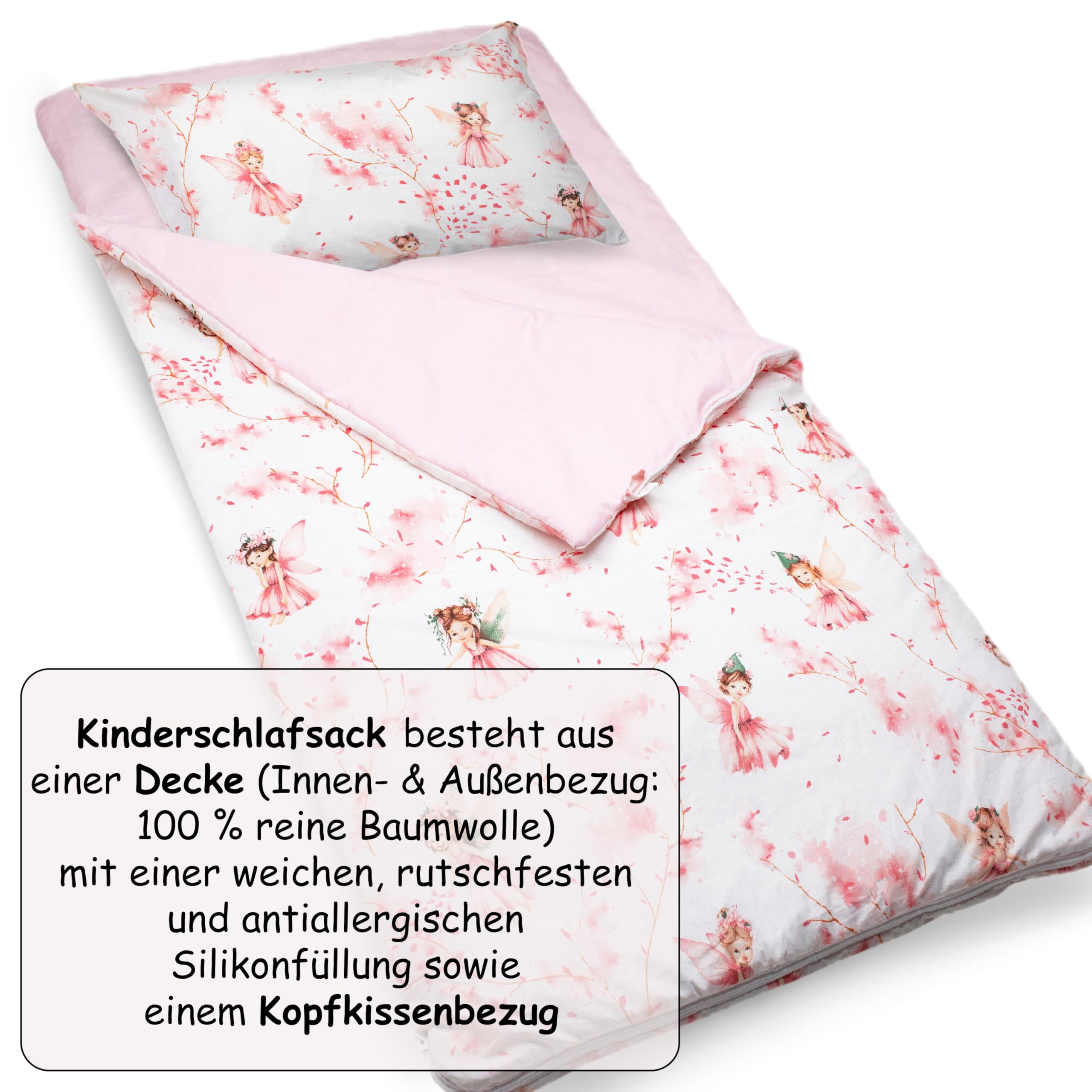 PinkZebra Sacco a Pelo Copriletto, 140 x 75 cm + federa cuscino 60 x 40 cm, per ragazze e ragazzi da 3 a 8 anni (fino a 135 cm di altezza), certificato Oeko-Tex, fata