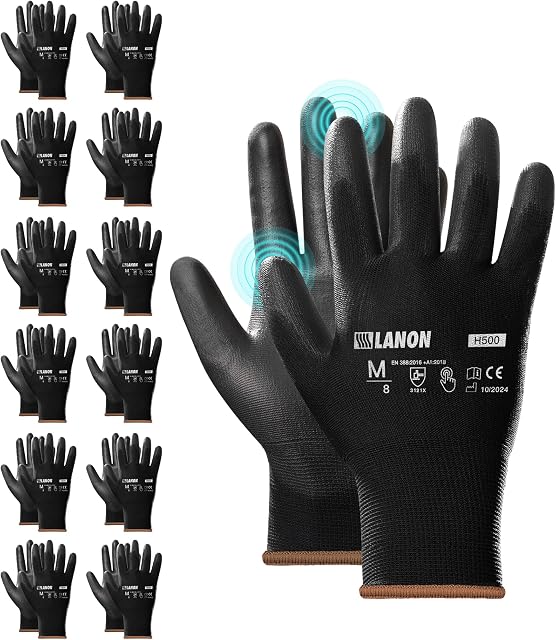 LANON 12 Gants de travail de sécurité, gants de travail mécanicien pour hommes, respirable PU Enduit, maille sans couture,Lavage double, Noir, Moyen