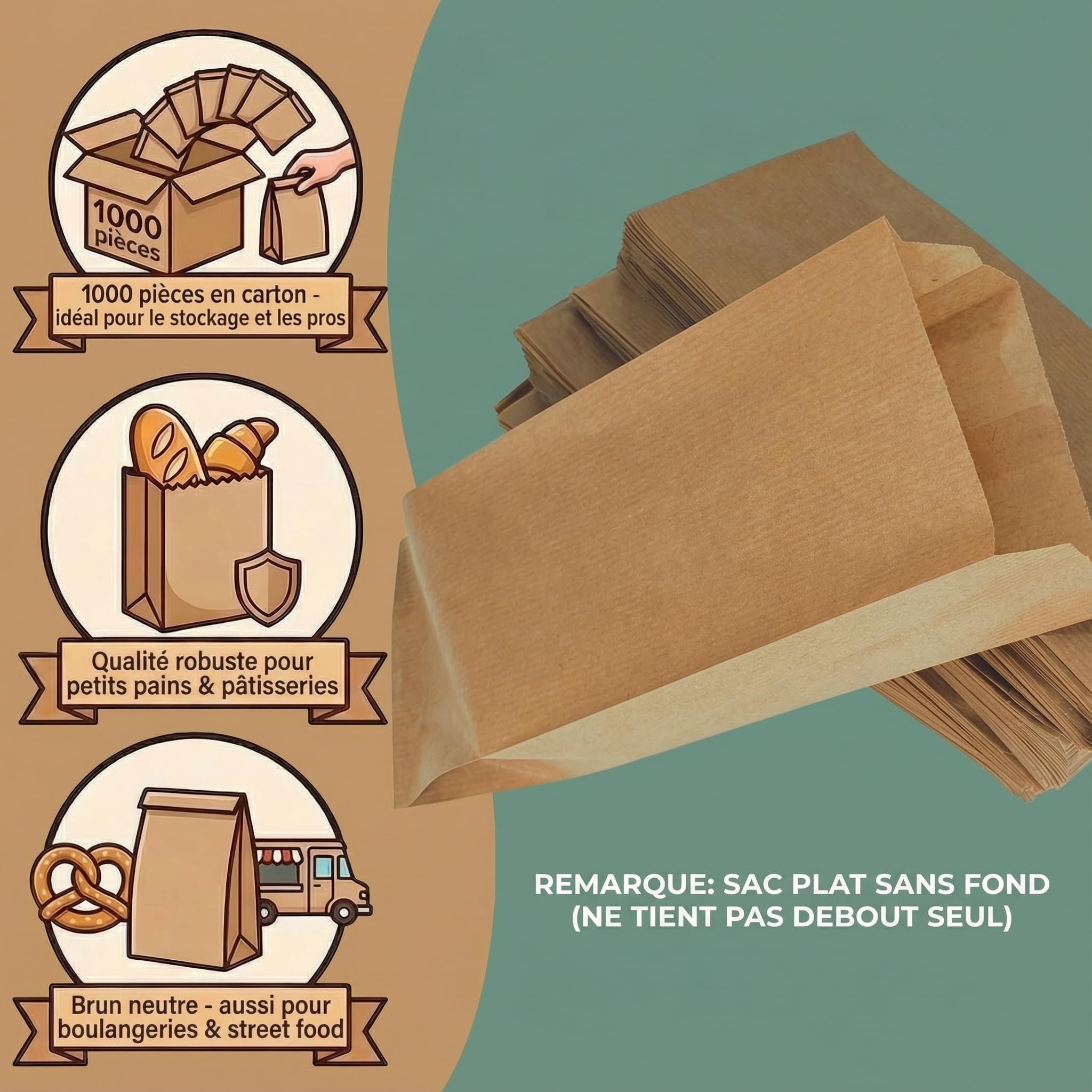 1000 Lot Sac Papier Kraft - Sachet Kraft Alimentaire, Sandwich - Emballage Alimentaire Boulangerie, Patisserie, Bonbon, Café - Sachet Papier Kraft Marron 10 x 5,5 x 25 cm
