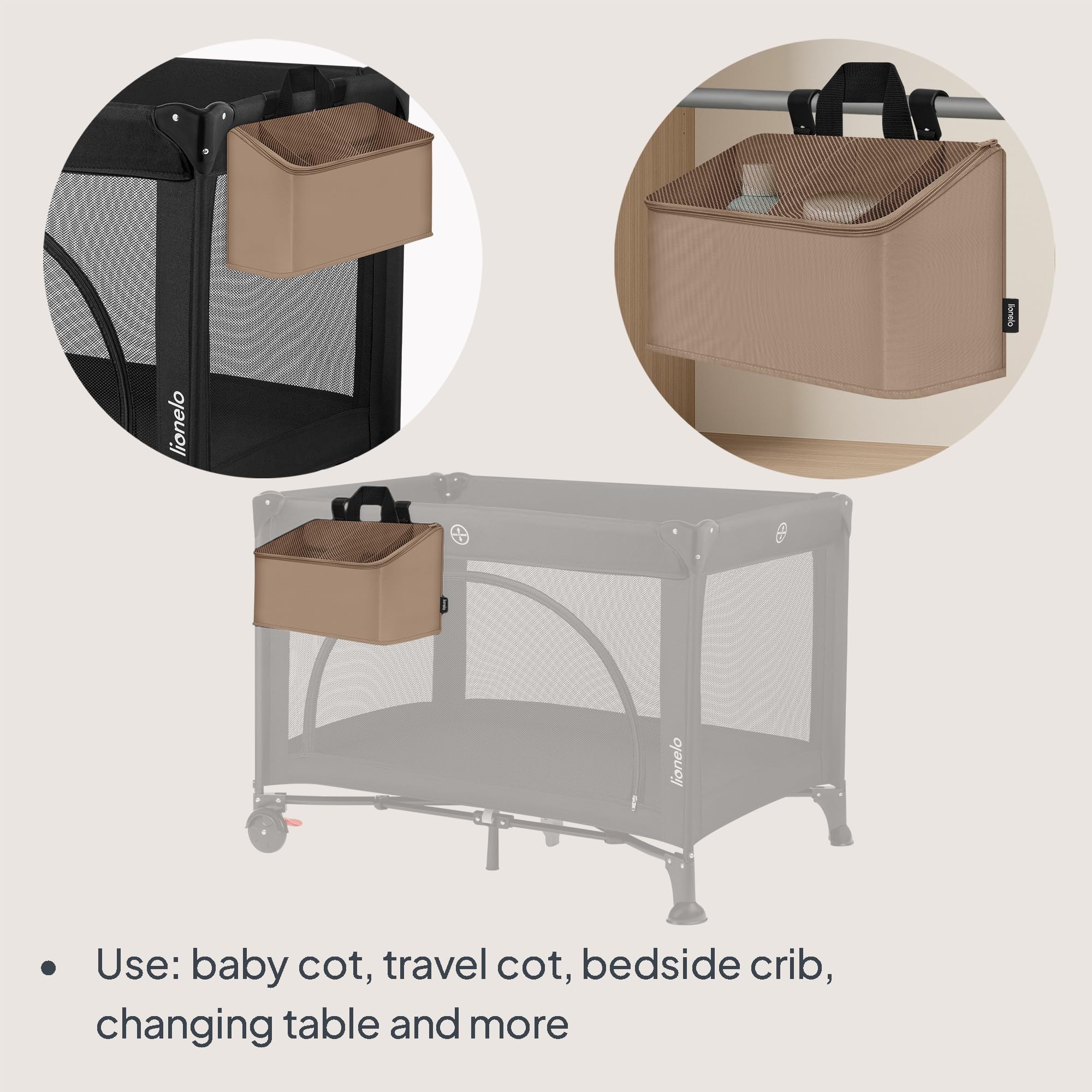 Lionelo Sidepocket Medium Hanging Nursery Organiser 43×15×23 cm, Portable Cot Storage with 3 Zip Compartments & Carry Handle - Image 3