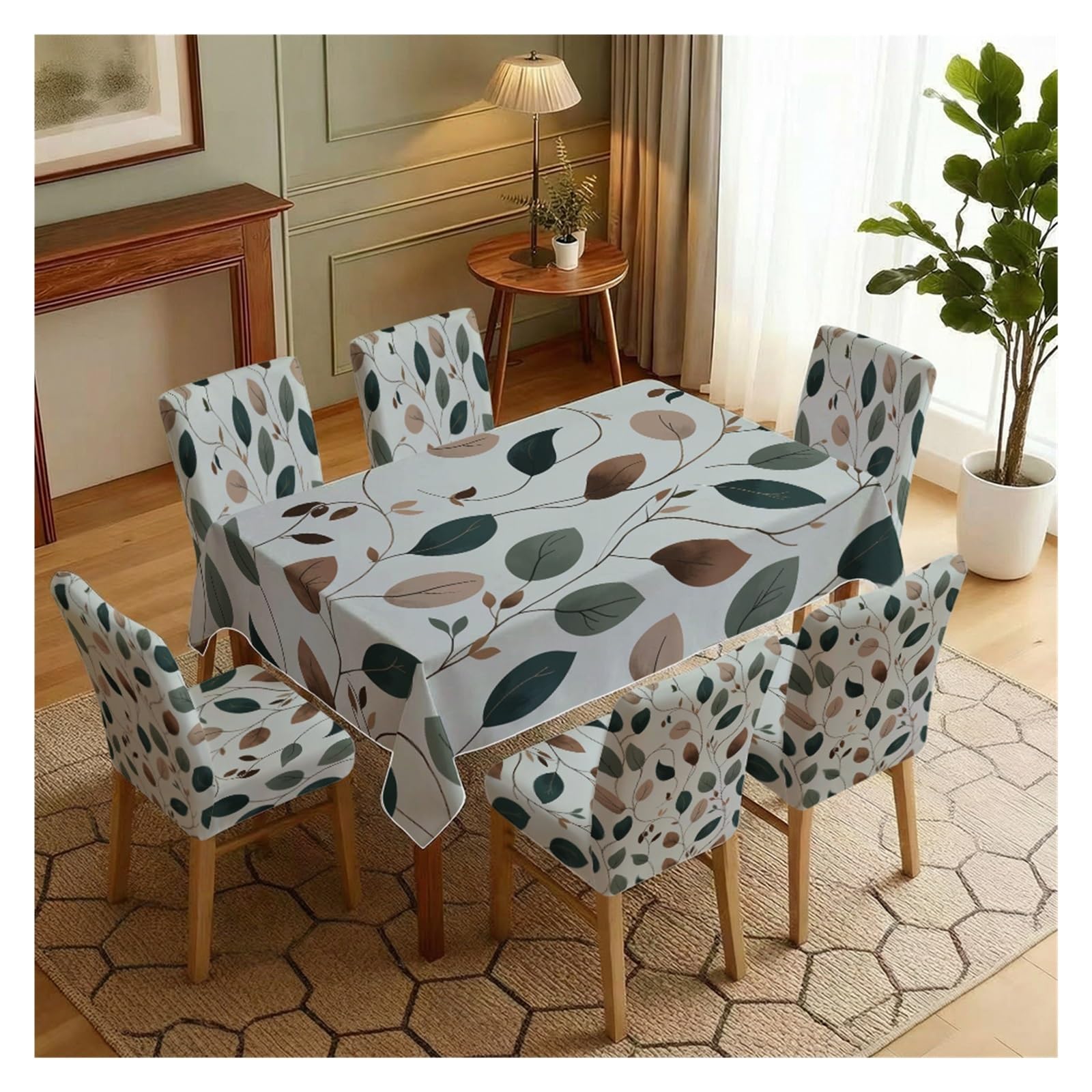 BOSUYBN Minimalist Morandi Leaf Print Dining Tablecloth & Chair Cover Set, 5/7 Piece Botanical Slipcovers For Dining Kitchen Table Setting(7pcs Set: Tablecloth+Chair Covers)