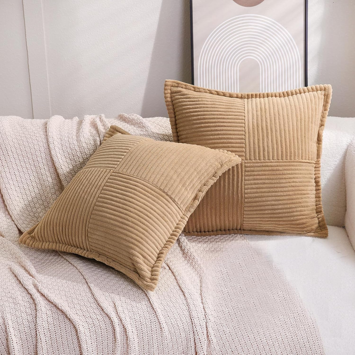 Puncuntex Corduroy Throw Pillow Covers Set of 2 Boho Decorative Khaki 24×24 Inch,Super Soft Pillowcase Cozy Striped Texture Cushion Cover for Couch,Sofa,Farmhouse,Living Room