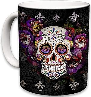 Sweet Gisele Sugar Skull Ceramic Mug, Floral Print Coffee Cup, Day of the Dead Design, Beautiful Vivid Colo...