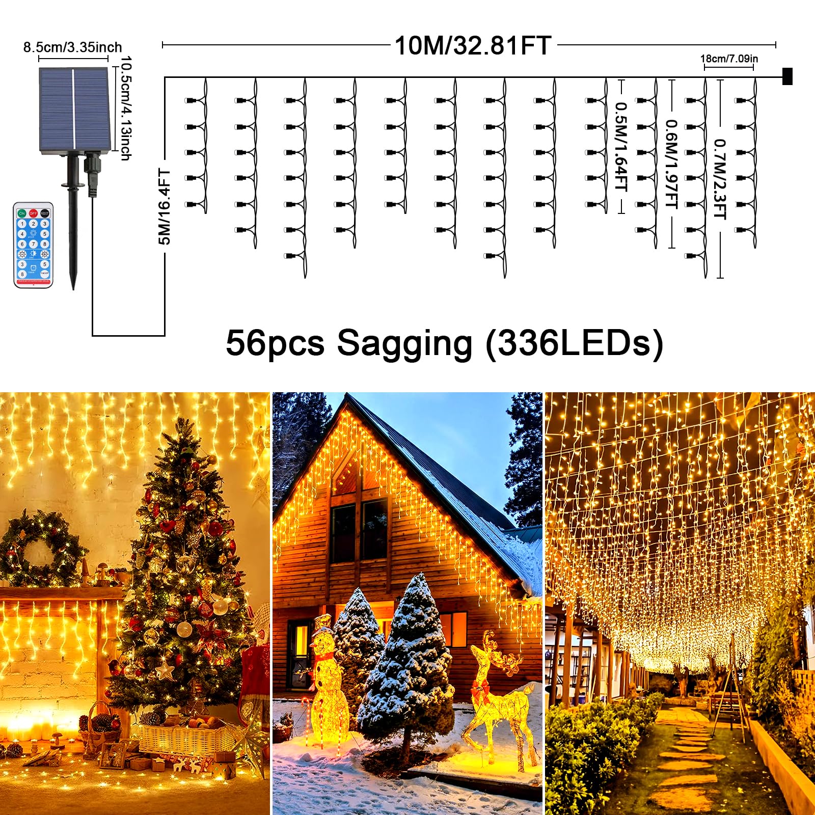 Solare Luci Natale Esterno Cascata 10M 336LEDs Tenda Luminosa Esterno Luci Cascata Catene Impermeabile con 8 Modalità Telecomando Natale Ghiaccioli Luminosa per Finestra Balcone[bianco caldo]