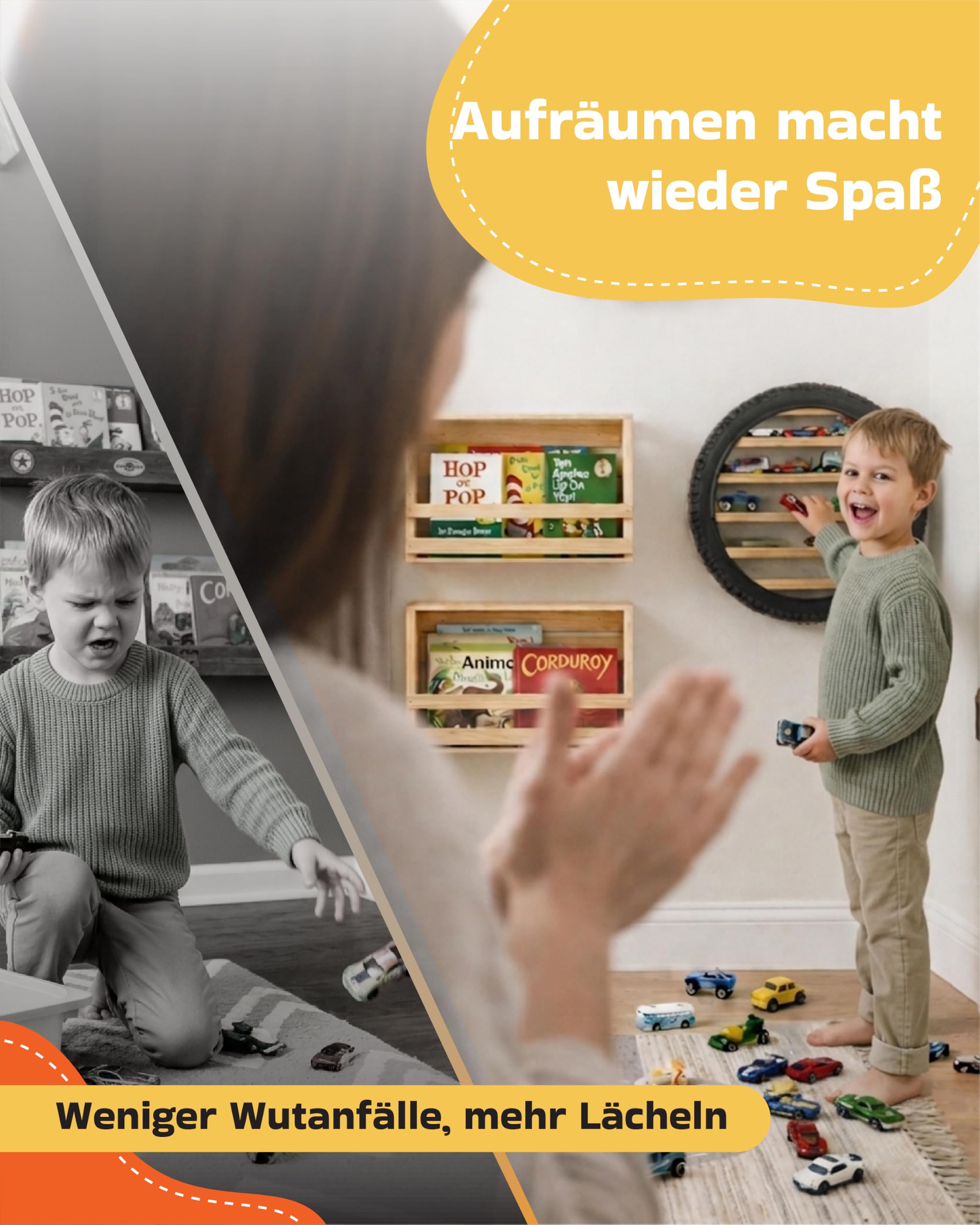 Tapeera Modellauto Vitrine im Reifen-Design – Wandregal für Spielzeugautos – Holz Regal für 18 Diecast Autos im Maßstab 1:64 – kompatibel mit Hot Wheels & Matchbox – Ø 40 cm