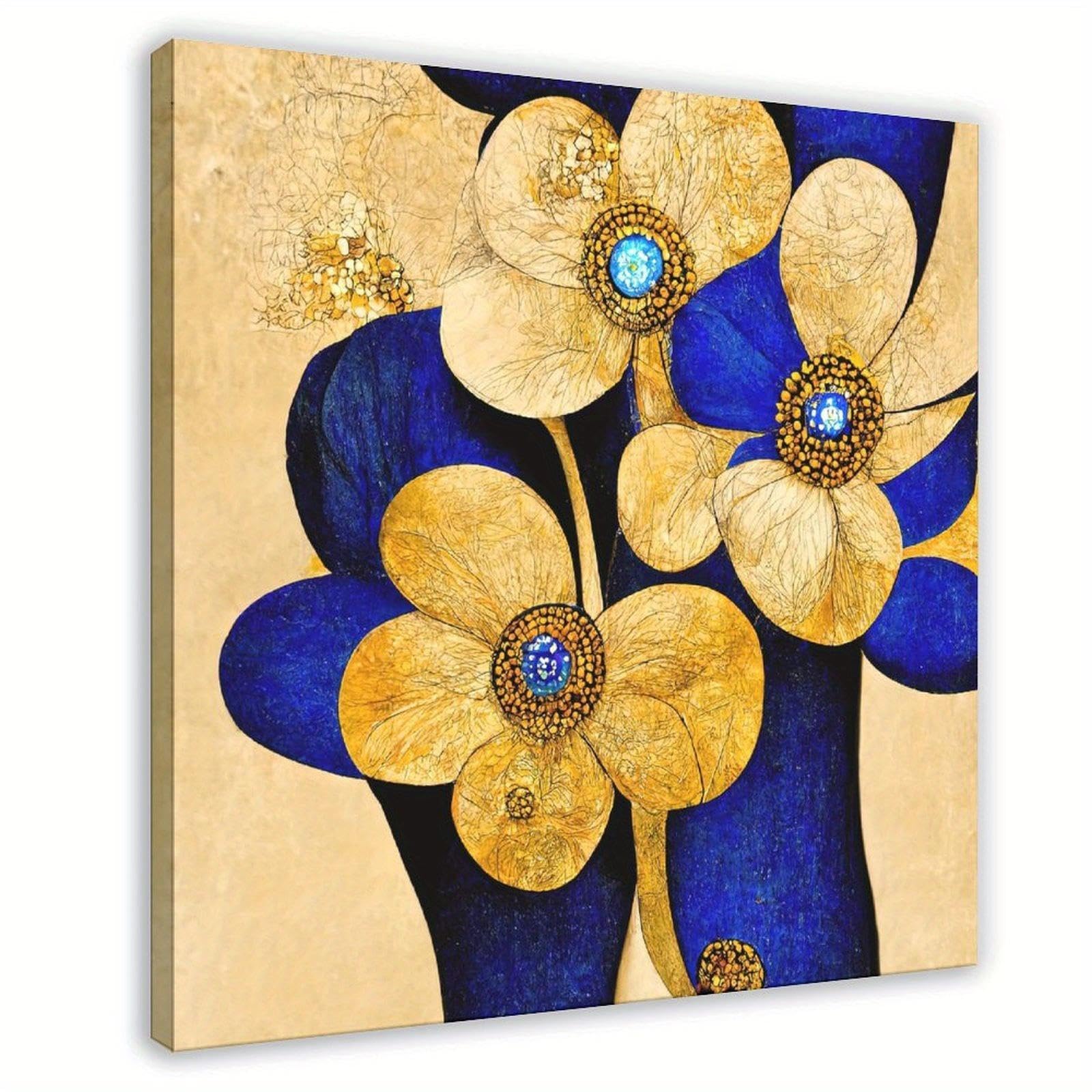 HNKDKJ Blaue und goldene Blumen, Landhaus-Bilder, rustikales Blumengemälde, gerahmte Leinwand, Kunstwerk für Esszimmer und Restaurant, 66 x 66 cm/26 x 26 Zoll – Innenrahmen