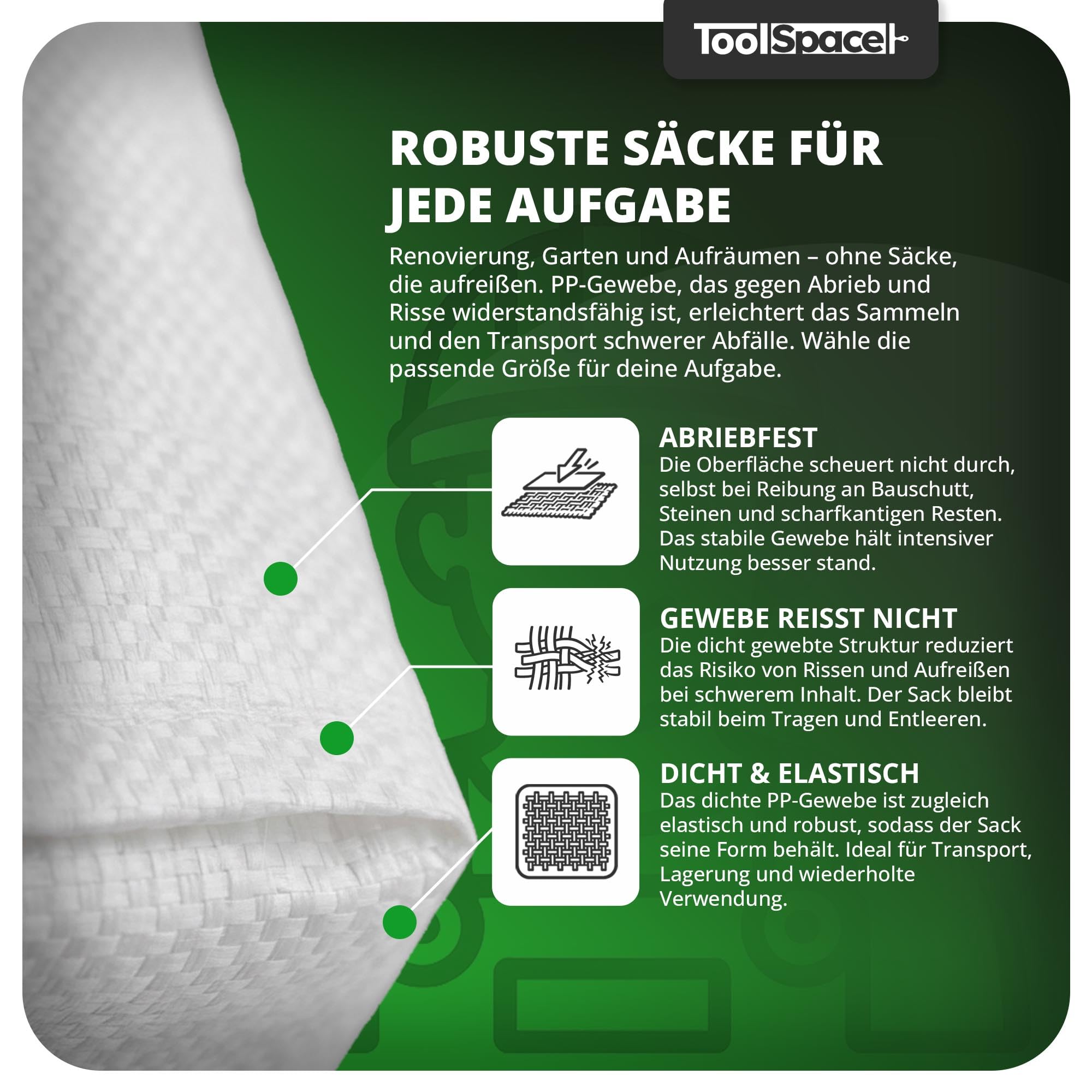ToolSpace Gewebesack Bauschuttsäcke 20x Getreidesäcke 50kg Säcke 105x65 cm aus robustem Polypropylen Ideal als Sandsäcke Schwergutsäcke Abfallsäcke PP-Gewebesäcke als Kohlensack reißfest Transportsack