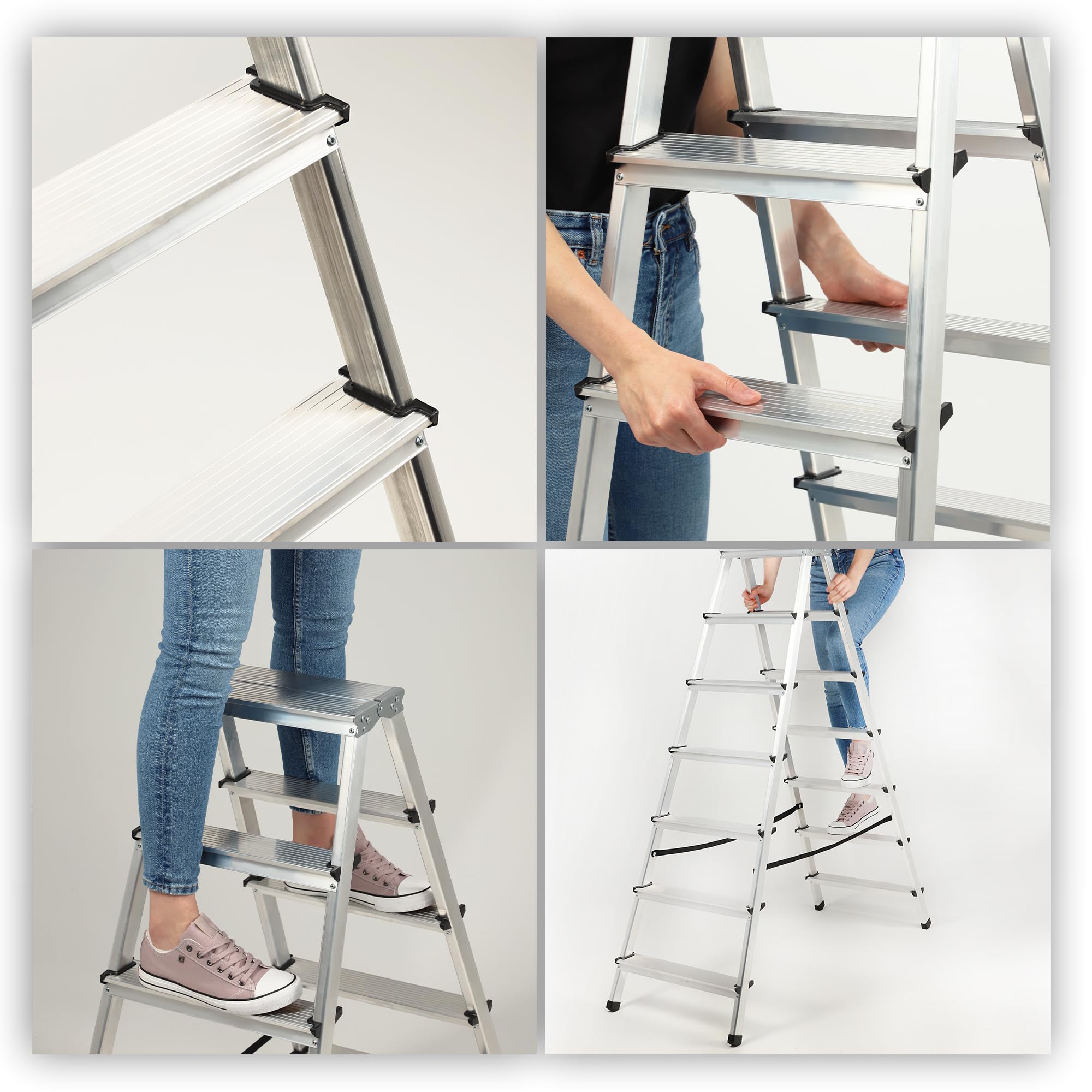 KADAX Escalera de Doble Cara de Aluminio con 7 Peldaños Antideslizantes, Capacidad de Carga de 125 kg, Plataforma de Trabajo y Diseño Plegable (145 x 50.5 cm)