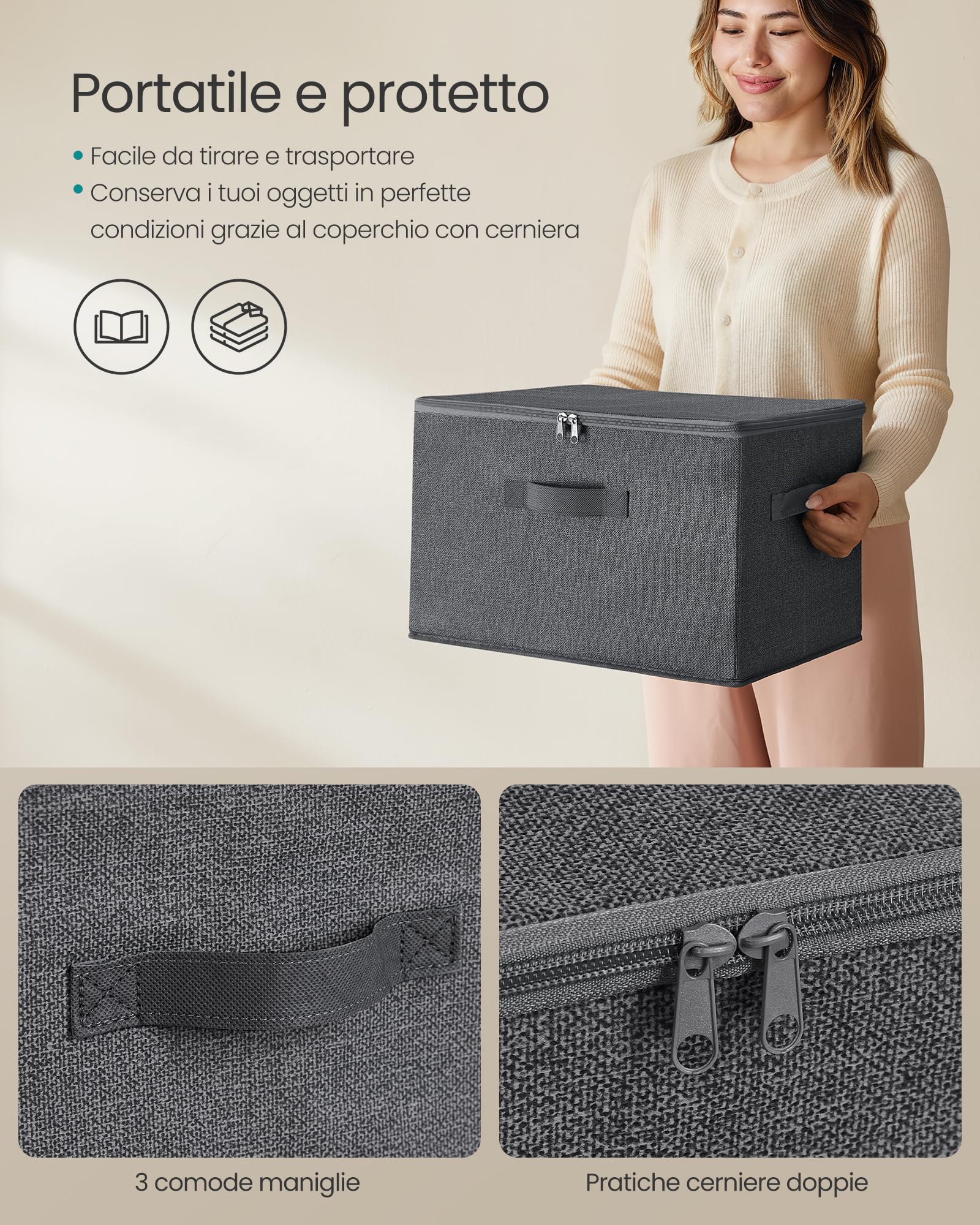 SONGMICS Scatole Portaoggetti con Coperchio, Contenitori Pieghevoli con Maniglie, Organizzatori per Vestiti, Set di 3, 40 x 30 x 25 cm, Tessuto non Tessuto, Grigio Ardesia RYZB03G