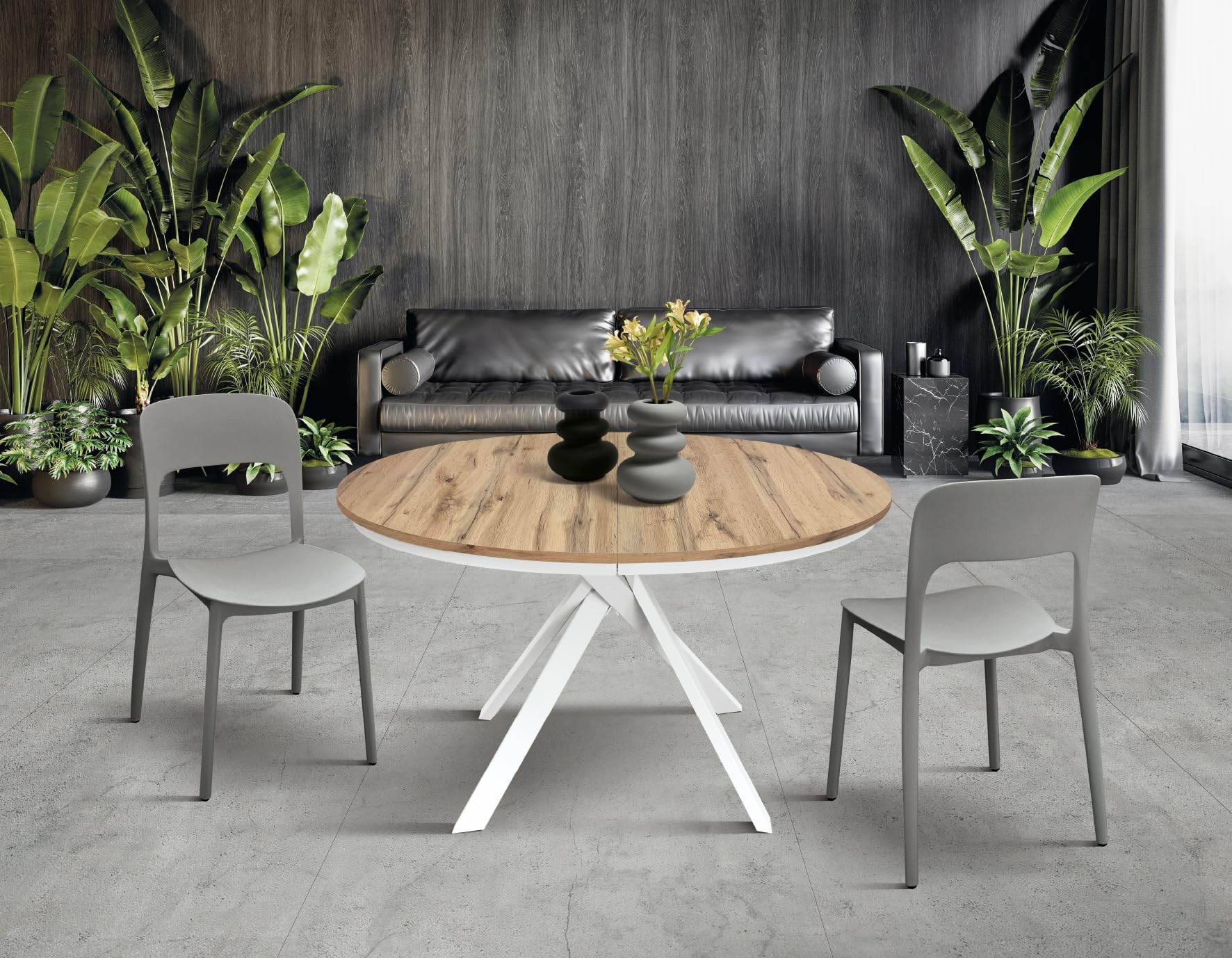 PAZZO DESIGN Tavolo Rotondo Allungabile Gabri, Tavolo Soggiorno, Cucina, Gambe Incrociate Shangay Bianche, Made in Italy, Rovere Rustico, da 120 a 170 cm - id_2177