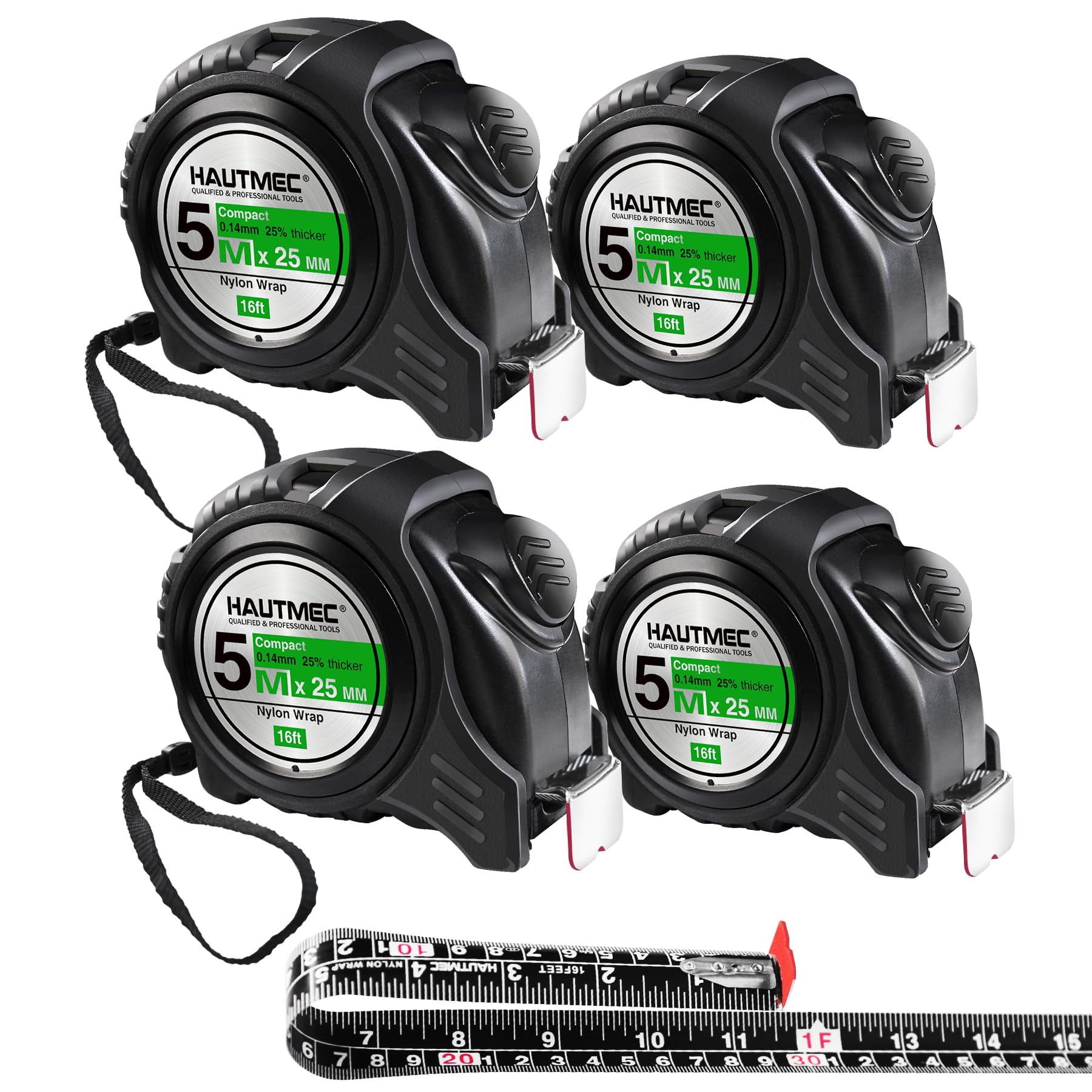 HAUTMEC HT0100-4PC Mètre ruban double graduation (métrique), avec blocage automatique, ruban revêtu de nylon et boîtier en caoutchouc, idéal pour les travaux de construction, le travail du bois et les