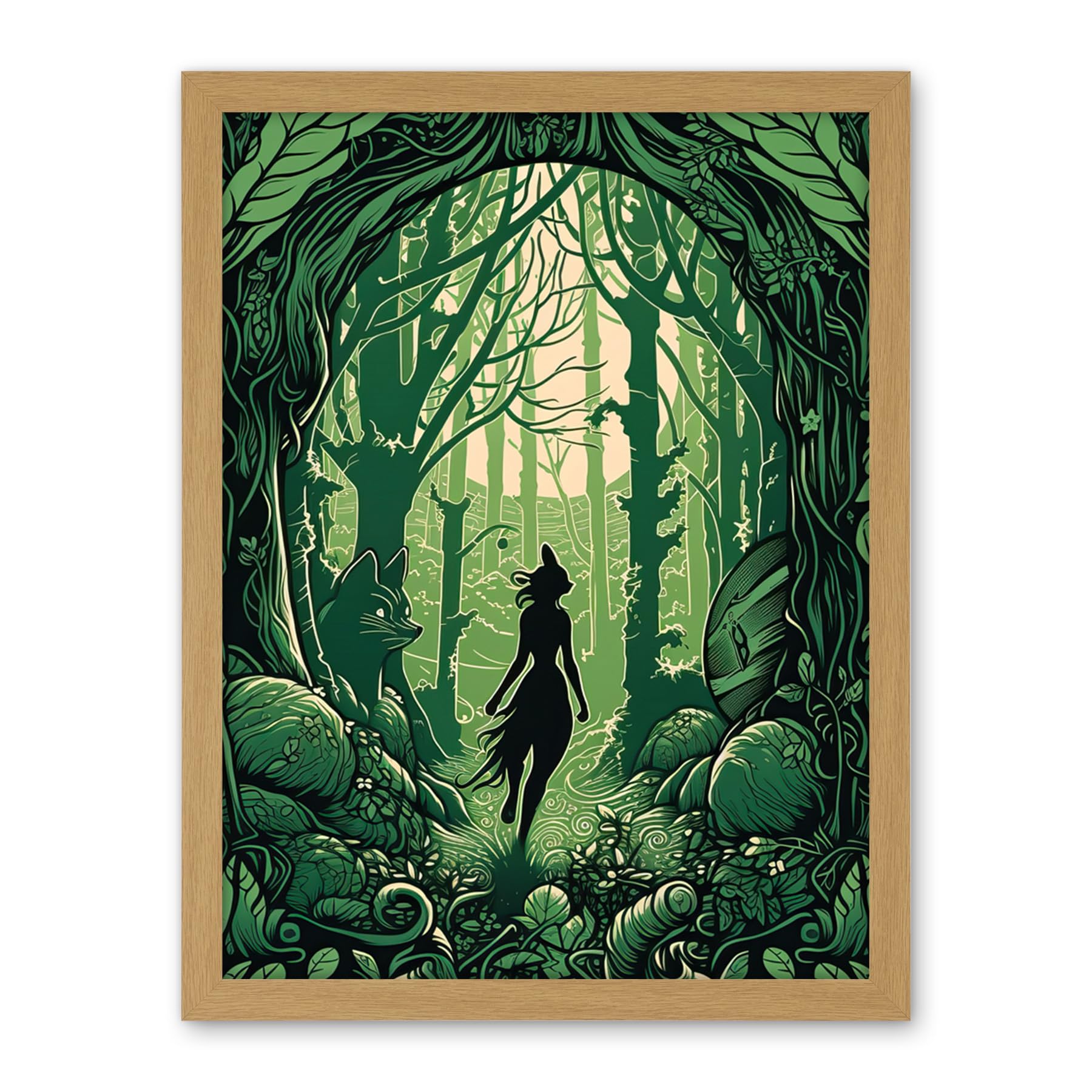 Artery8 Anthropomorphic Fox Silhouette Forest Art Nouveau Artwork Framed Wall Art Print 18X24 Inch