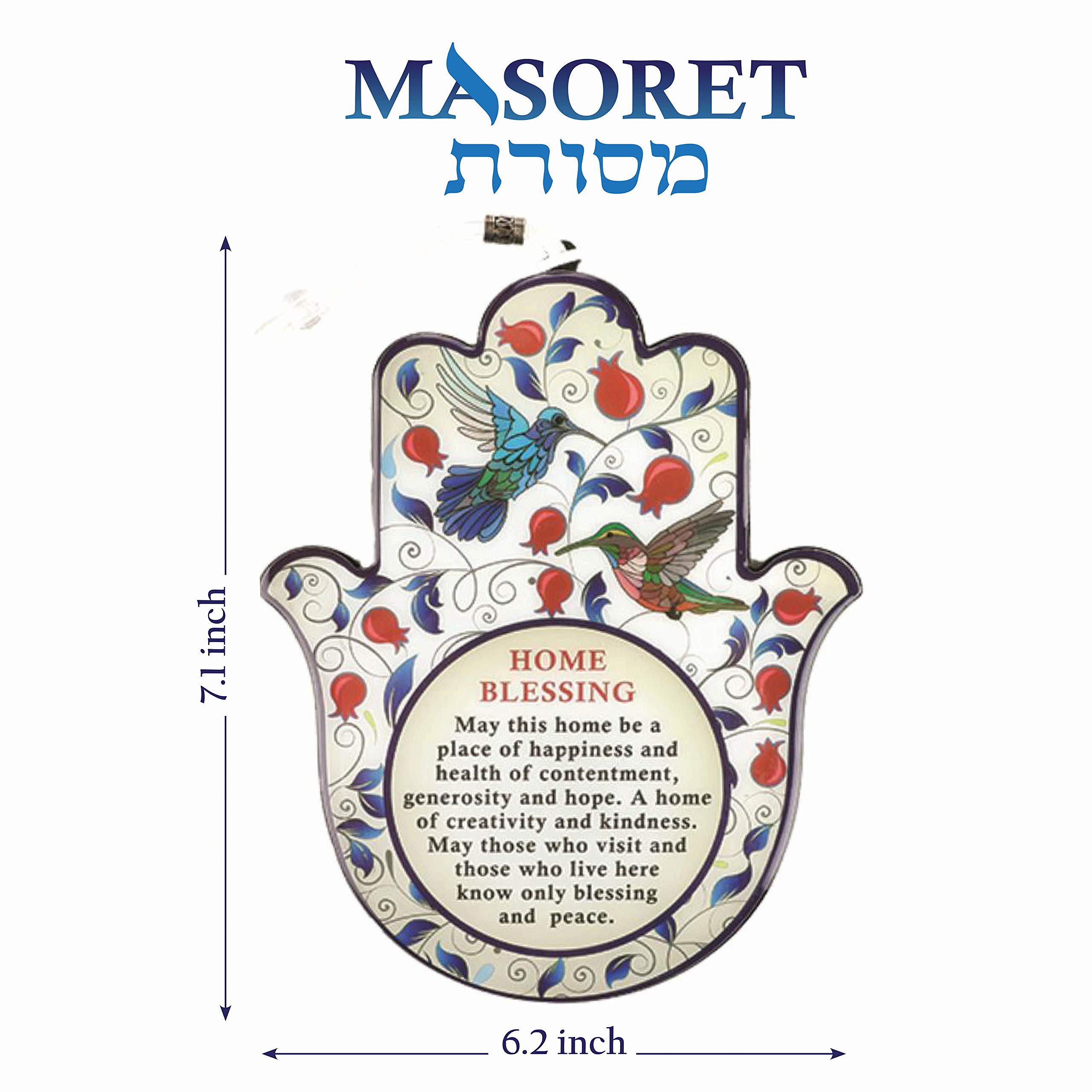 MASORET Zestaw: Epoksydowa Hamsa angielskie błogosławieństwo domowe 19 cm 15 cm - motyw czerwonych granatów
