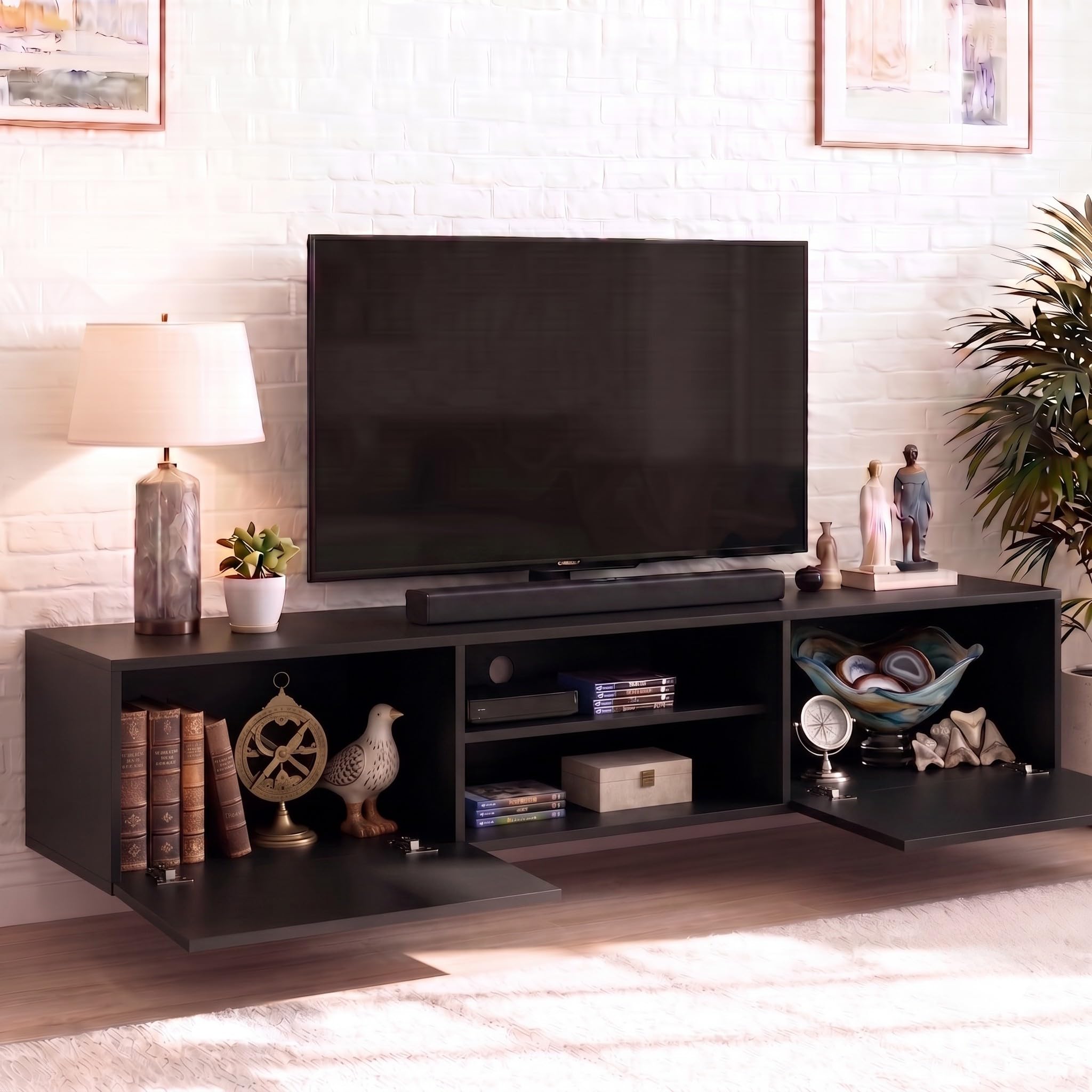 Hangendes TV-Lowboard 180 cm – Wandmontage mit 2 Klappen & offenen Faechern, TV-Schrank in Schwarz Holzoptik, Fuer Fernseher bis 75 Zoll