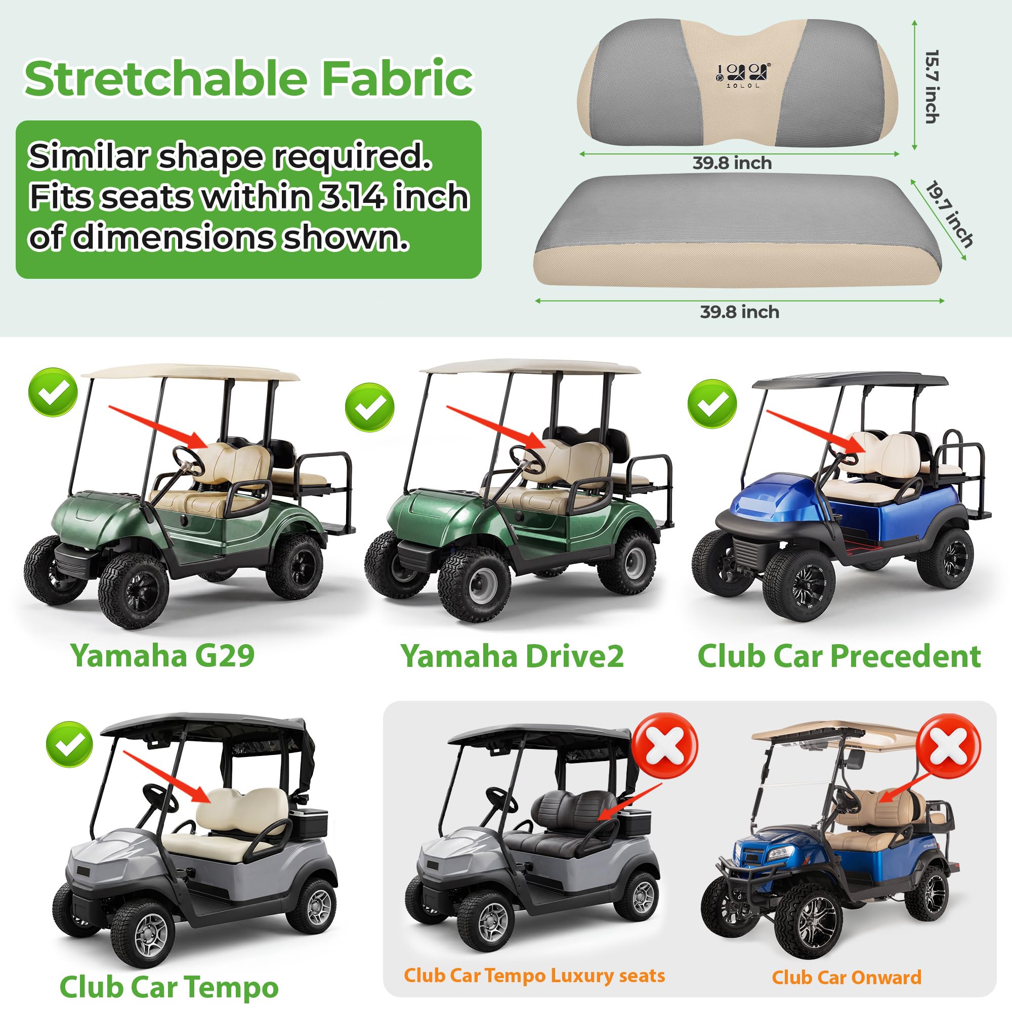 10L0L Pokrowce na siedzenia do wózka golfowego kompatybilny z Yamaha, Club Car Precedent, zestaw pokrowców przednie siedzenia na wszystkie pory roku, oddychające, wykonane z poliestrowej tkani