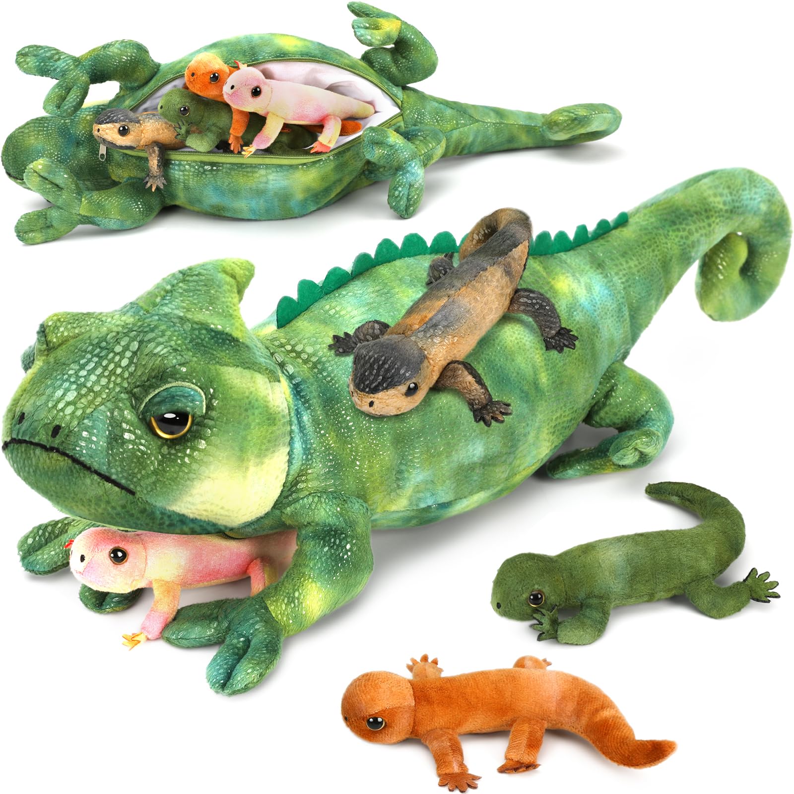 MorisMos 68cm Peluche Drago Barbuto Verde con Cuccioli Nella Pancia, Realistico Lucertola Giocattolo di Peluche Grande Morbido, Carino Regalo Natale per Bambini Ragazzi Compleanno Decorazioni Festa