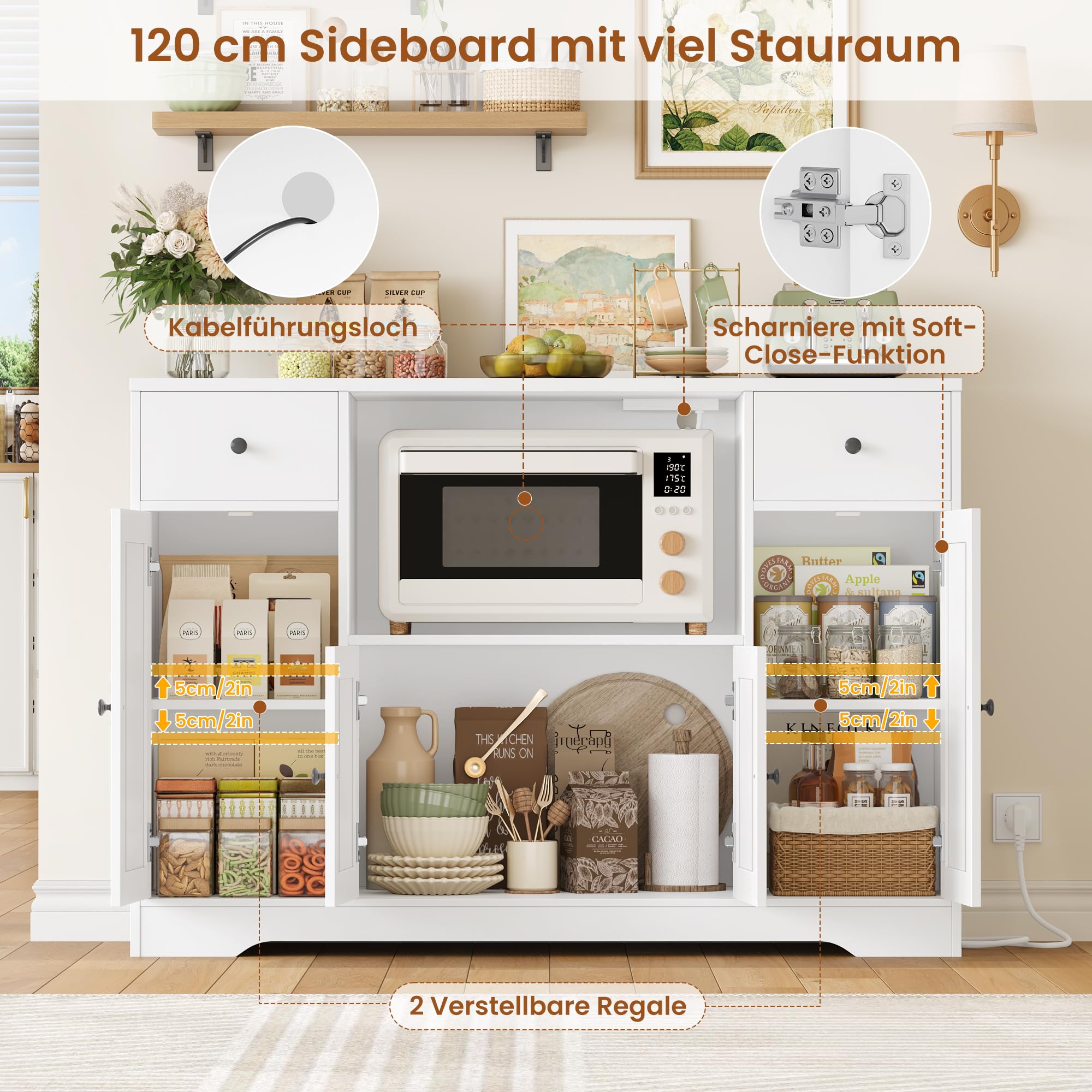 HOCSOK 120 cm Sideboard Küche, Küchenschrank mit Steckdose und Mikrowellenregal, Vorratsschrank Buffetschrank mit Verstellbare Ablagen für Küche, Esszimmer, Wohnzimmer, 120×85×40 cm