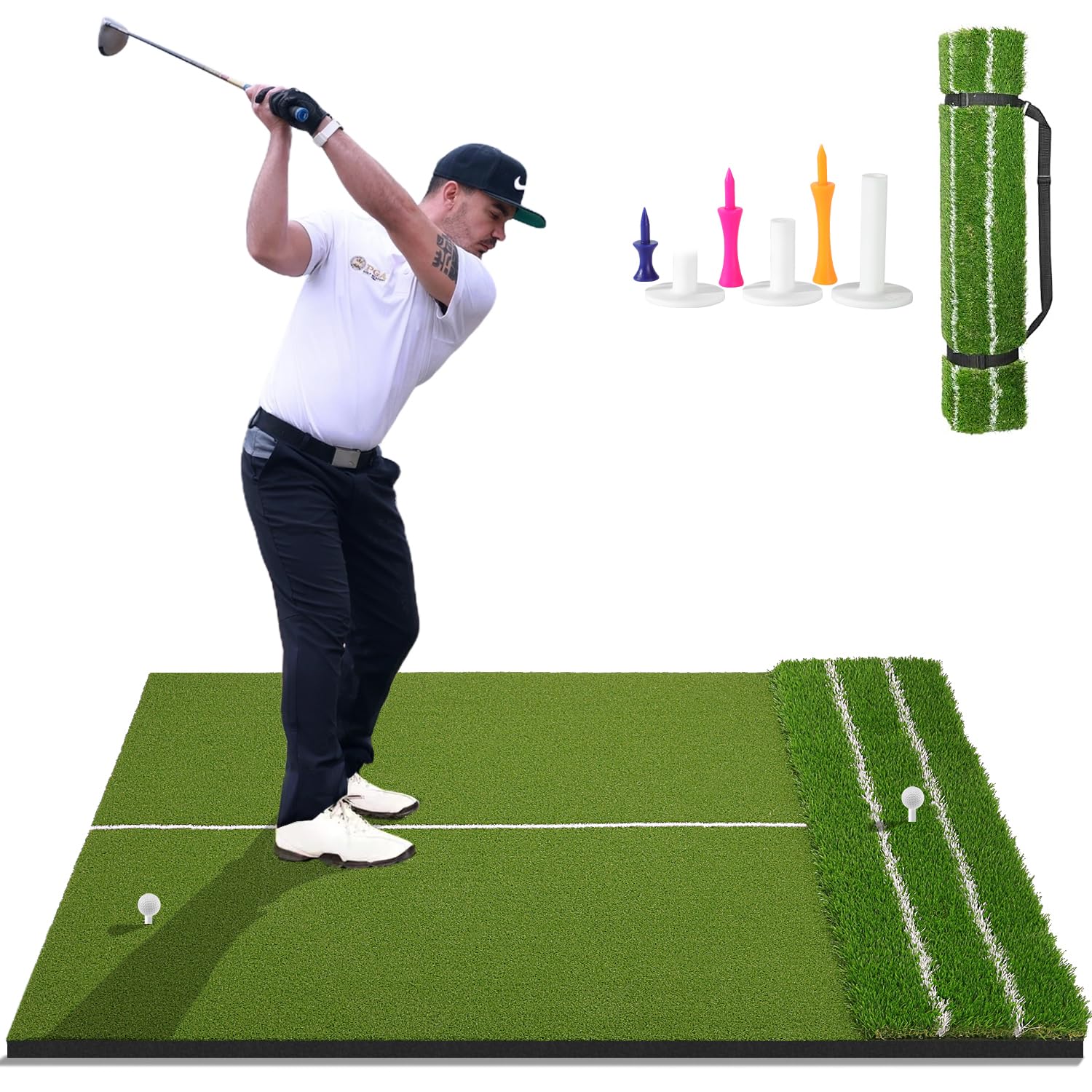 DCQ Real Feel 5x4ft & 6x4ft Golf Hitting Mat, Large Golf Mat, Dual Turf, Fairway & Rough Artificial Grass, Golf Practice Mat Indoor & Outdoor, Driving & Chipping Pad with Cushion, Golf Simulator Mat