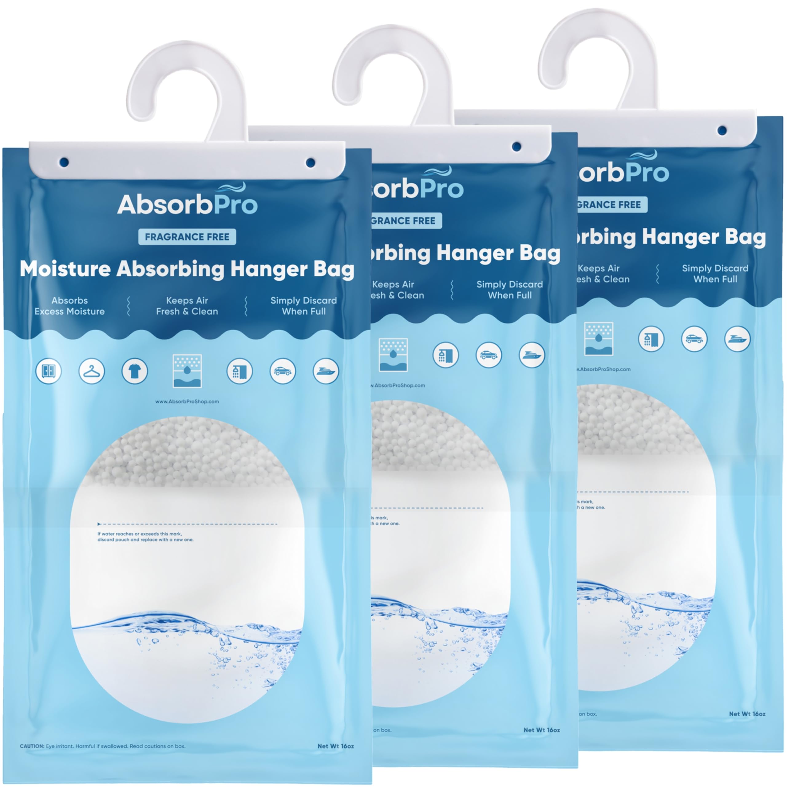 Absorb Pro - Moisture Absorbing Hanger Bag Fragrance Free - 3-Pack - 16 oz Hanging Dehumidifying Packs for Home, Kitchen, Bedroom, Bathroom, Closet,