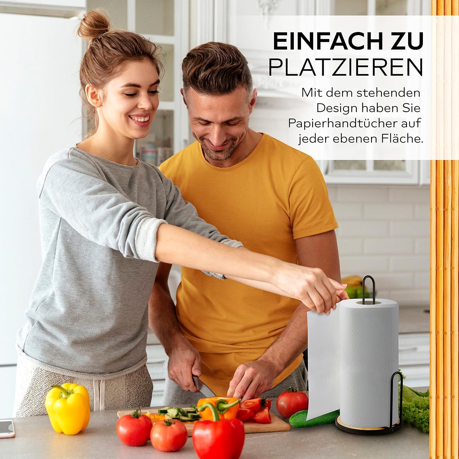 HIKITCHEN® Stojak na ręczniki papierowe kuchenne ze stali z bambusowym dnem – uchwyt na rolki papieru kuchennego (czarny)