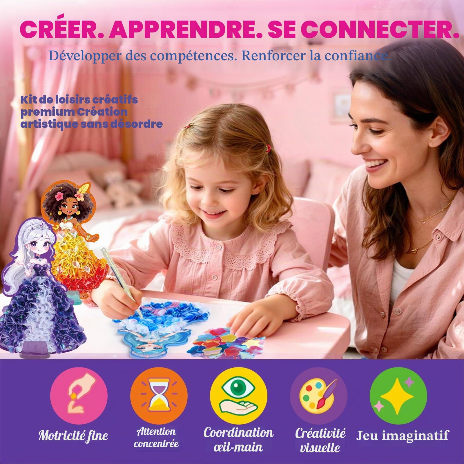 Twinkle Charm Poke Art Kit Loisir Créatif Princesse | 6 Princesses à Décorer & 800+ Fleurs en Tissu | Activité Manuelle sans Colle pour Fille 4-9 Ans | Système Poke-in | Cadeau Anniversaire & Noël