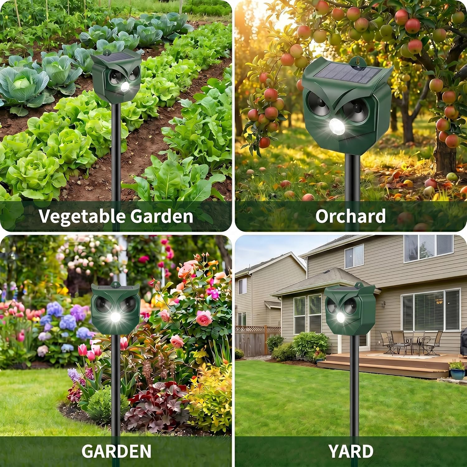 Lot de 2 répulsifs à ultrasons solaires pour animaux avec lumières LED clignotantes – dissuasif extérieur pour écureuils, cerfs, ratons laveurs, lapins, mouffettes, chiens – Protège le jardin, la cour