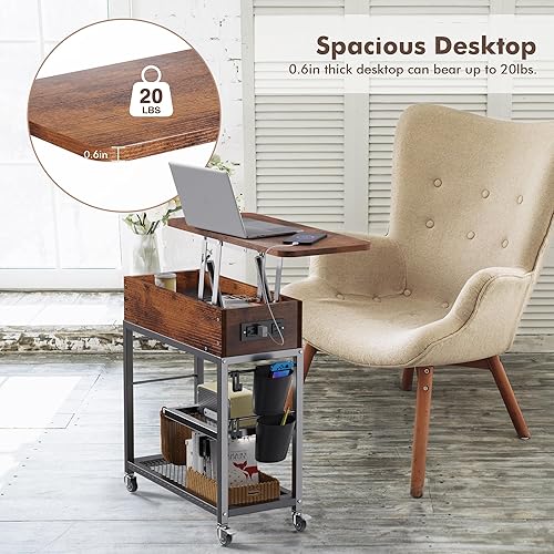 Miniatura 8 de Colima Mesa auxiliar elevable con estación de carga y ruedas, mesa auxiliar de sofá de almacenamiento oculta estrecha con puerto USB, mesita de