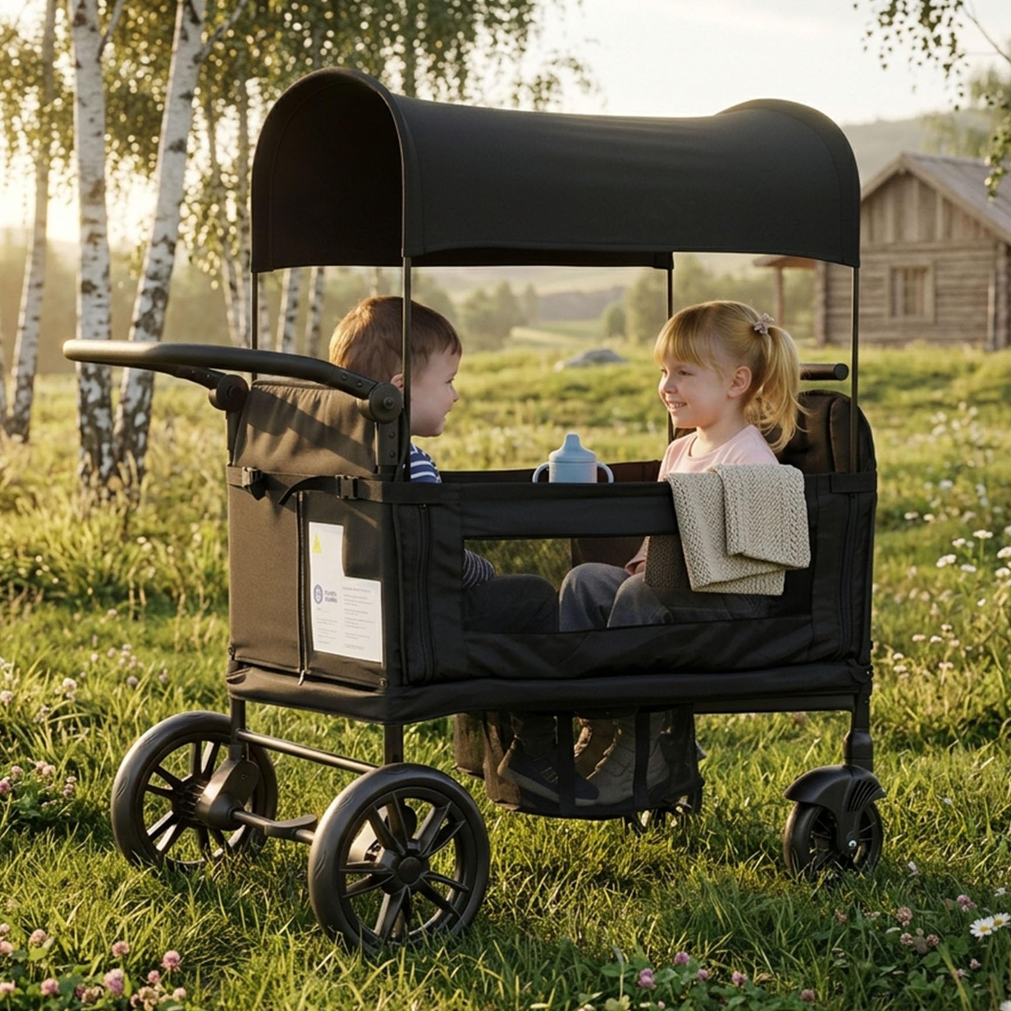 Chariot Enfant 2 Places Pliable Noir pour Vacances Plage, Harnais 5 Points de Sécurité, Toit Pare-Soleil, Poignée 8 Hauteurs Réglable, Roues EVA Silencieuses, Tablette Intégrée