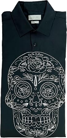ZARA MAN Mens Black CALACA Skull Floral Print W/Rhinestones L/S Slim FIT Sport Shirt Medium