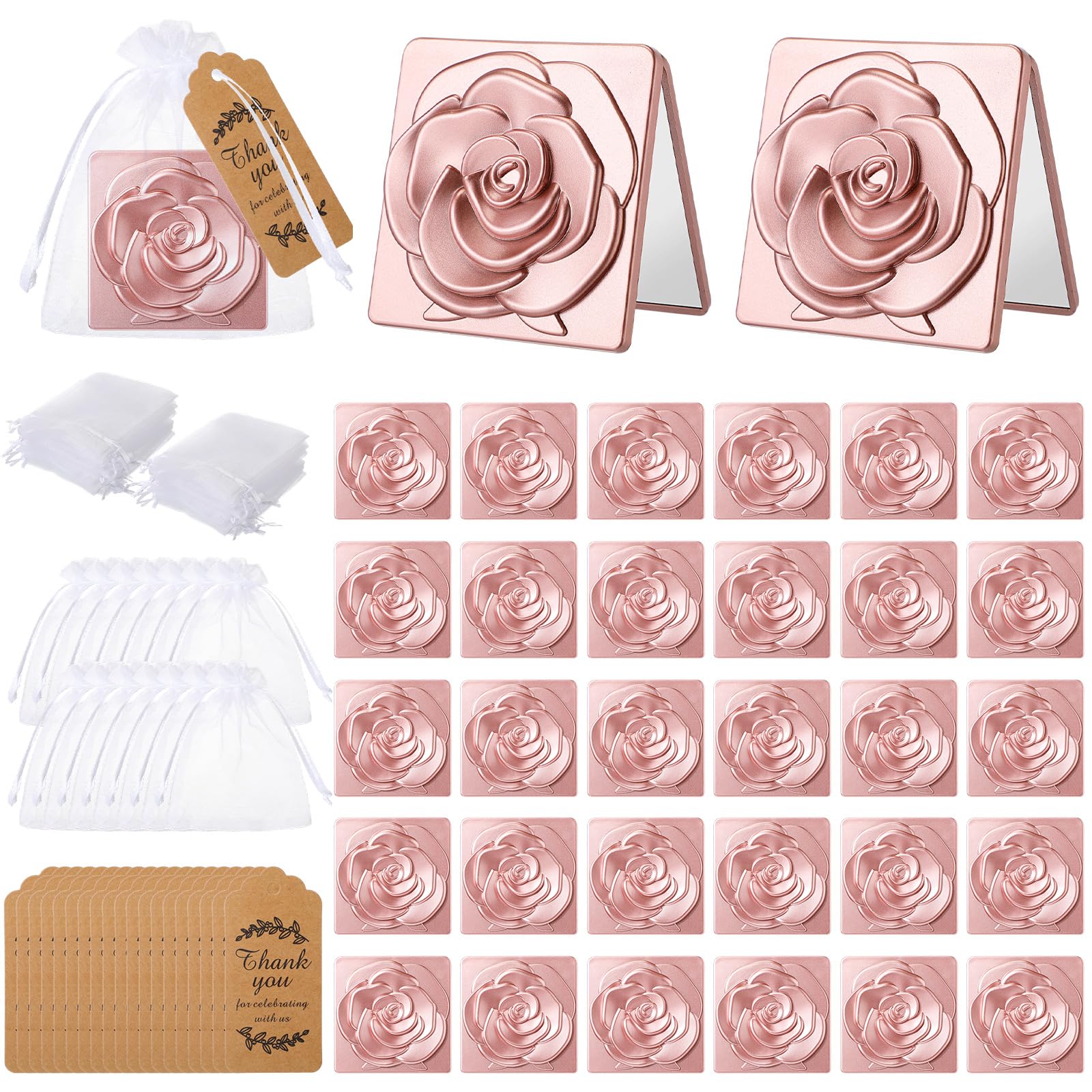Soaoo Zestaw 30 różowych kompaktowych luster luzem Quinceanera Party Favors dla gości kieszonkowe lusterko z podziękowaniami i torbą z organzy na ślub wieczór panieński wieczór panieński przyjęcie